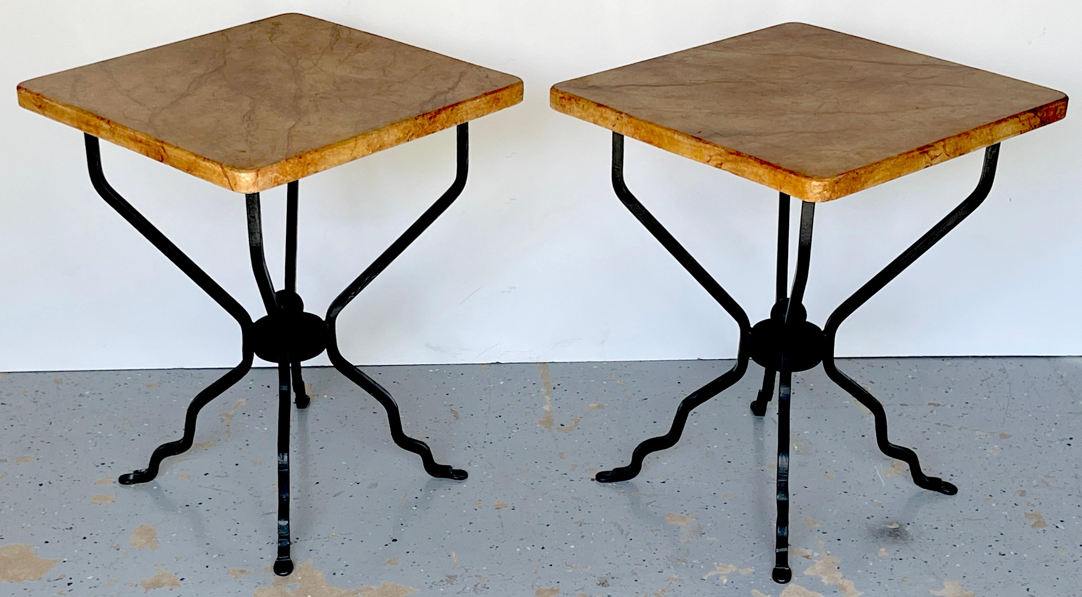 Sheik Pair of French Modern Iron & Marbleized Wood  End Tables  For Sale 1