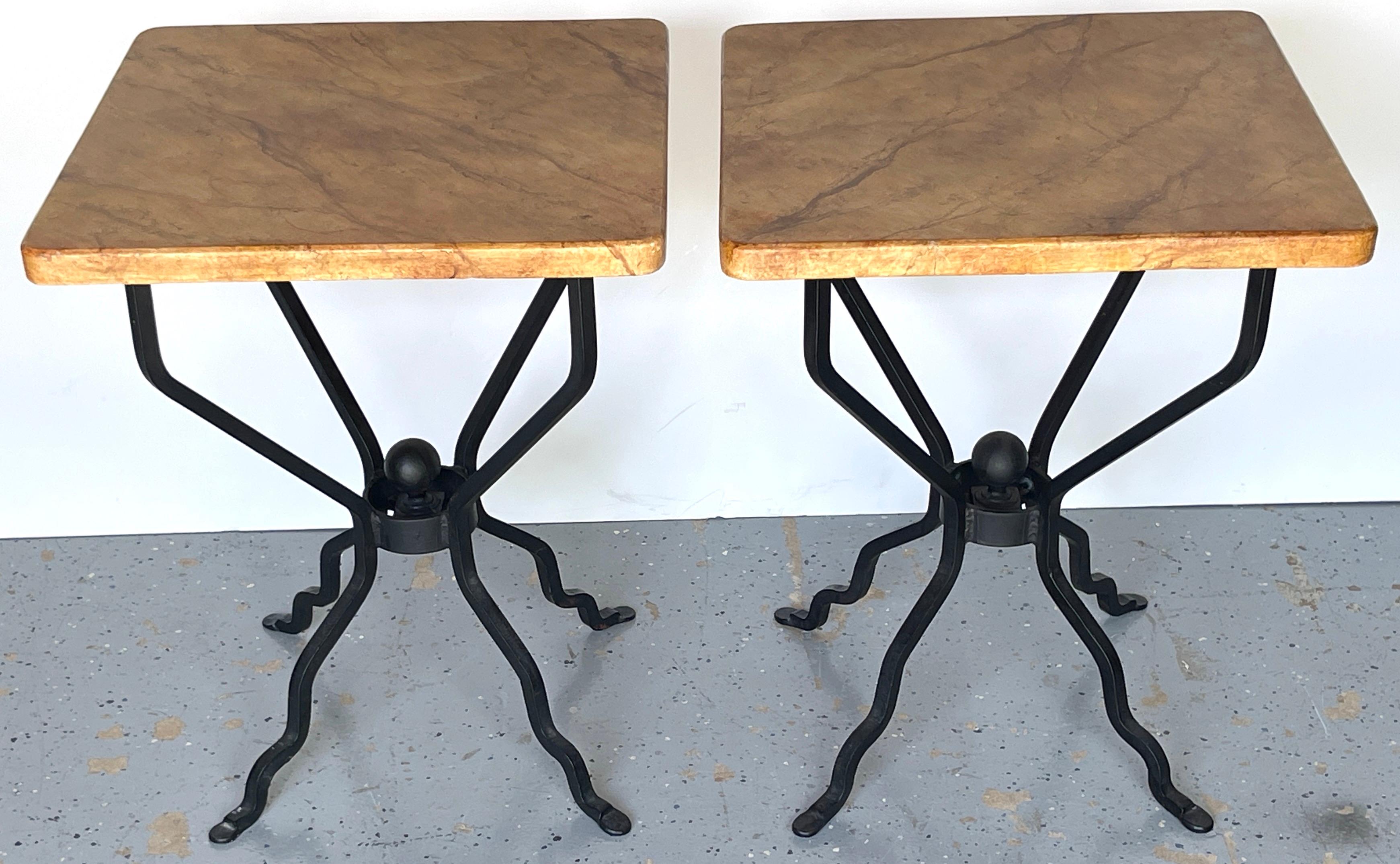 Sheik Pair of French Modern Iron & Marbleized Wood  End Tables  For Sale 3