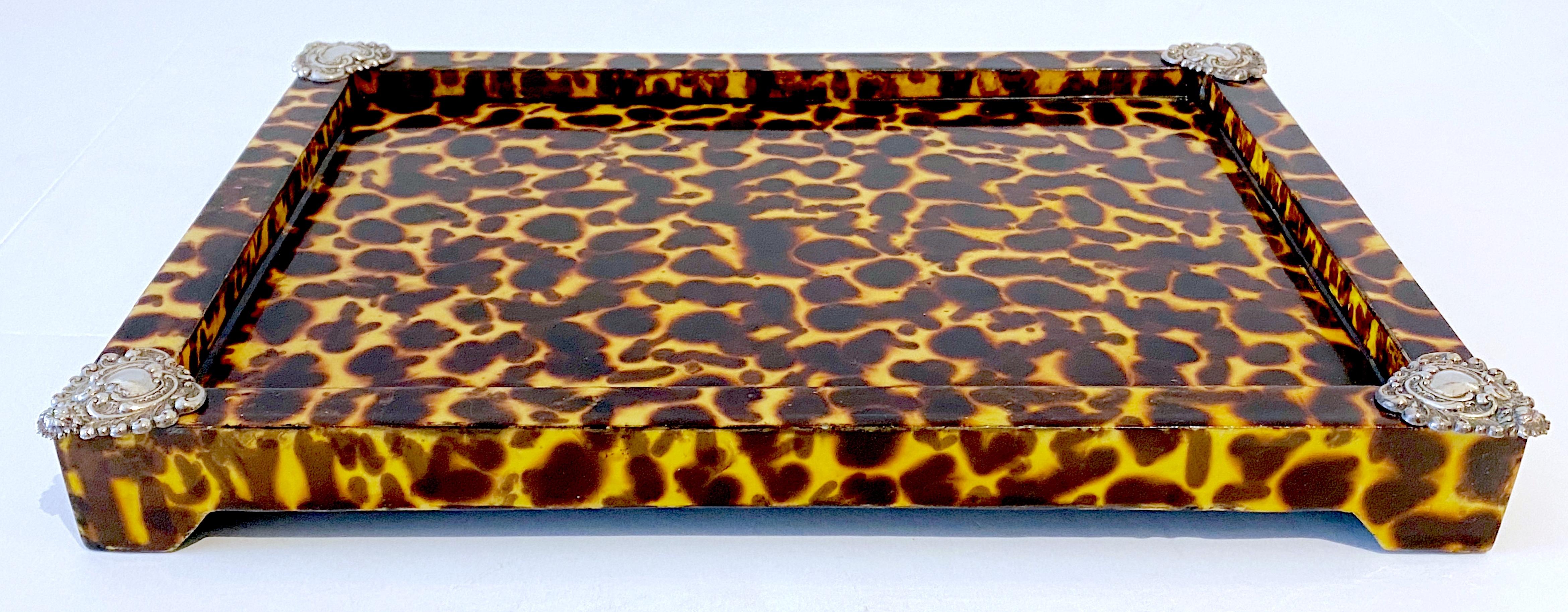 European Sheik Sterling Silver Mounted Faux Tortoise Shell Lacquered Tray For Sale