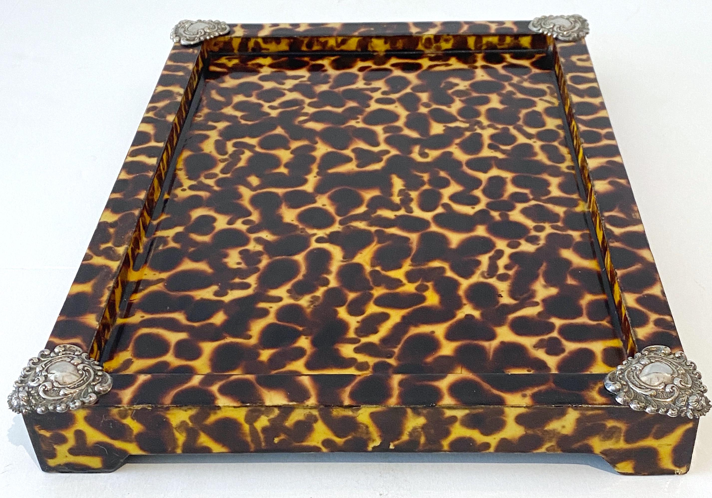 Sheik Sterling Silver Mounted Faux Tortoise Shell Lacquered Tray For Sale 1