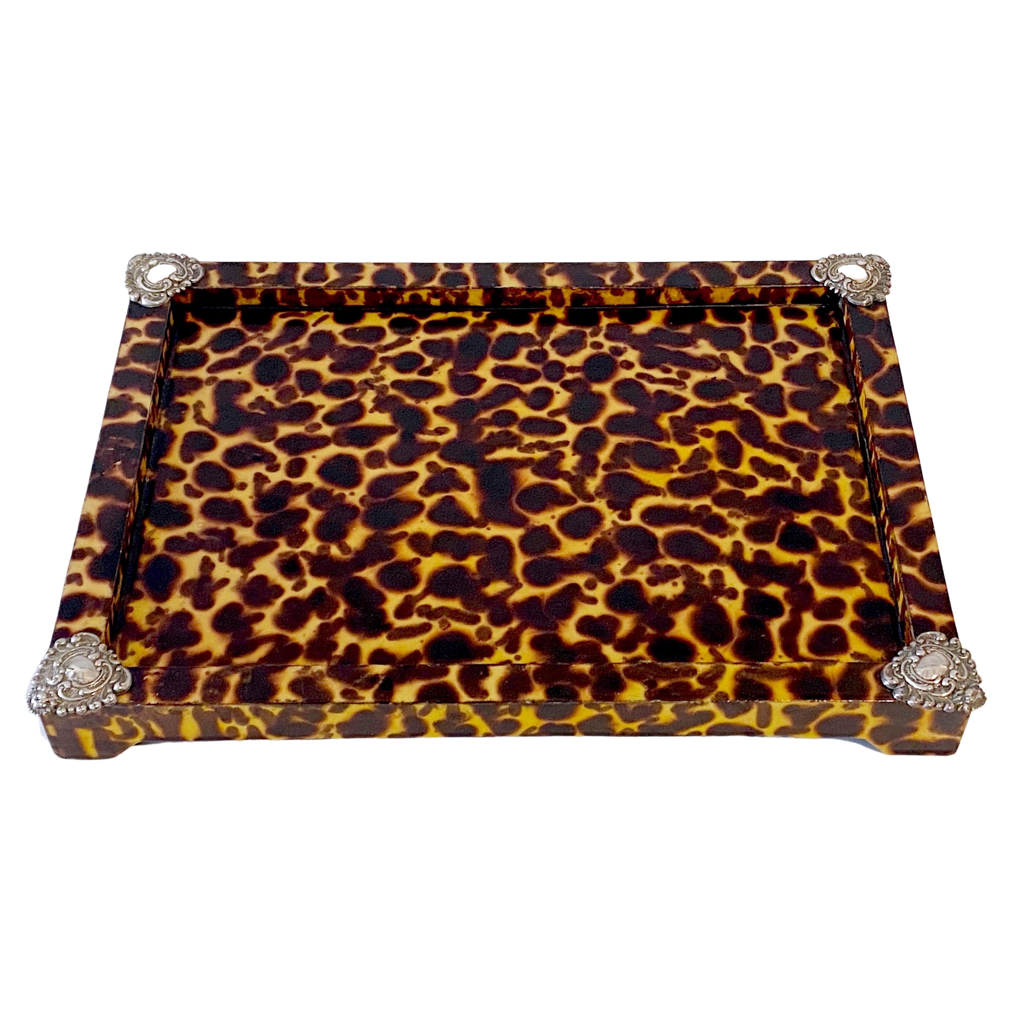 Sheik Sterling Silver Mounted Faux Tortoise Shell Lacquered Tray For Sale