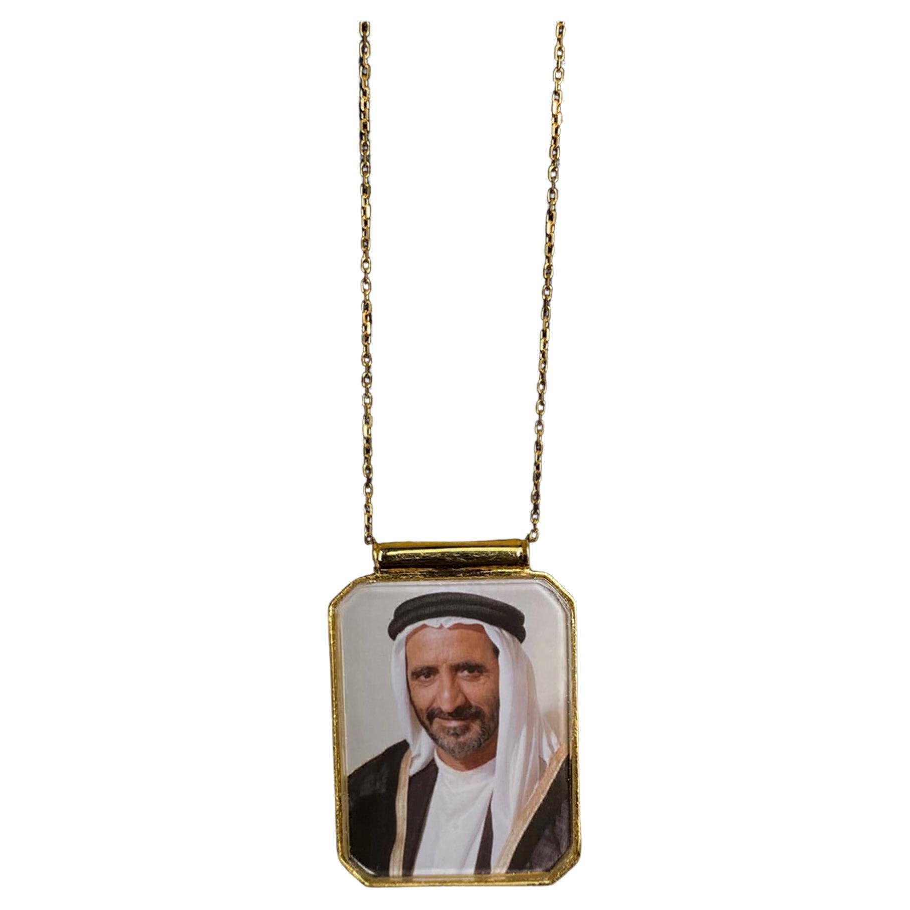 Sheikh Rashid Frame 18k Yellow Gold Customizable Necklace For Sale