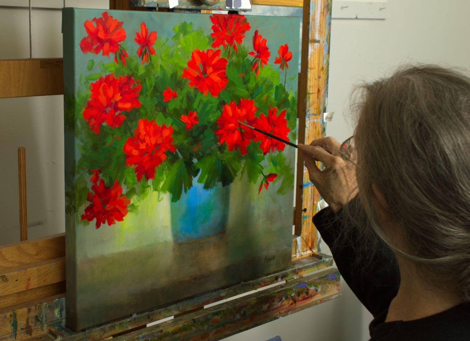Red Geraniums! Always a favorite floral subject for their cheerful reds welcoming in Springtime. This painting is created on gallery wrap canvas with the painting continuing on the sides. It is 1.5