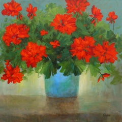 Red Geraniums in a Blue Pot, Painting, Oil on Canvas