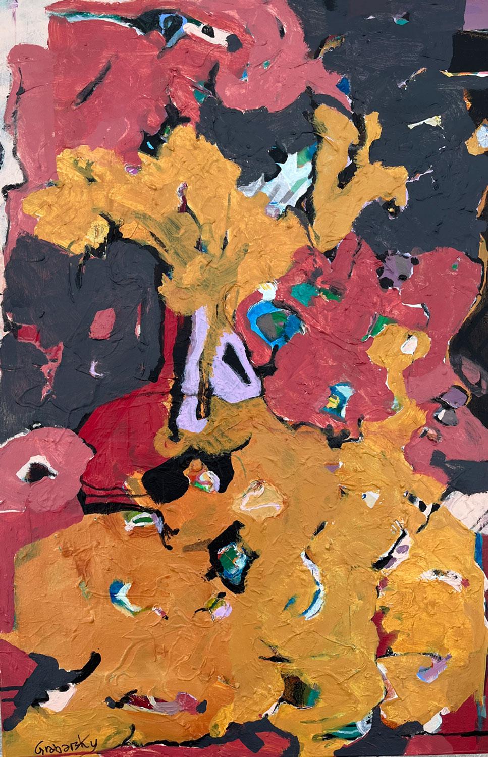 <p>Artist Comments<br>Artist Sheila Grabarsky demonstrates an abstraction of interlacing colors with hints of green, blue, and white peeping from the predominantly maroon, black, and mustard yellow background. A whimsical portrayal of ever-changing