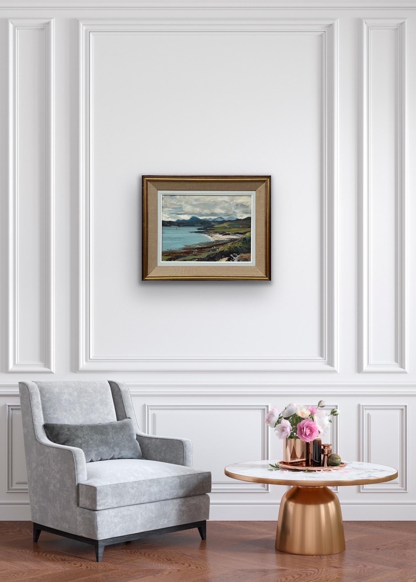 Scottish Highland Seascape Shoreline Impasto Painting of An Teallach, Gruinard Bay, Wester Ross by Royal Society Artist, Sheila Macleod Robertson RSMA, SWA. Presented in a vintage wooden frame with natural canvas insert. 

Art measures 16 x 12
