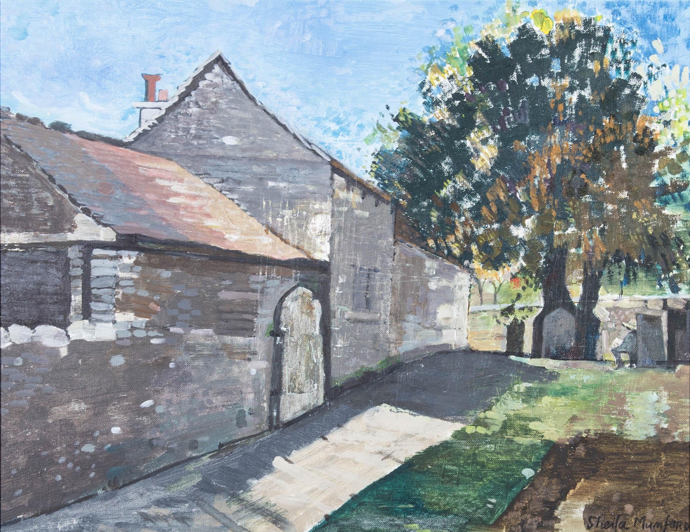 A fine mid Century oil scene showing a walled garden in Great Longstone, Derbyshire, on a sunny day. The artist has signed to the lower right and the painting has been presented in a 20th Century frame with linen slip. There is a label at the