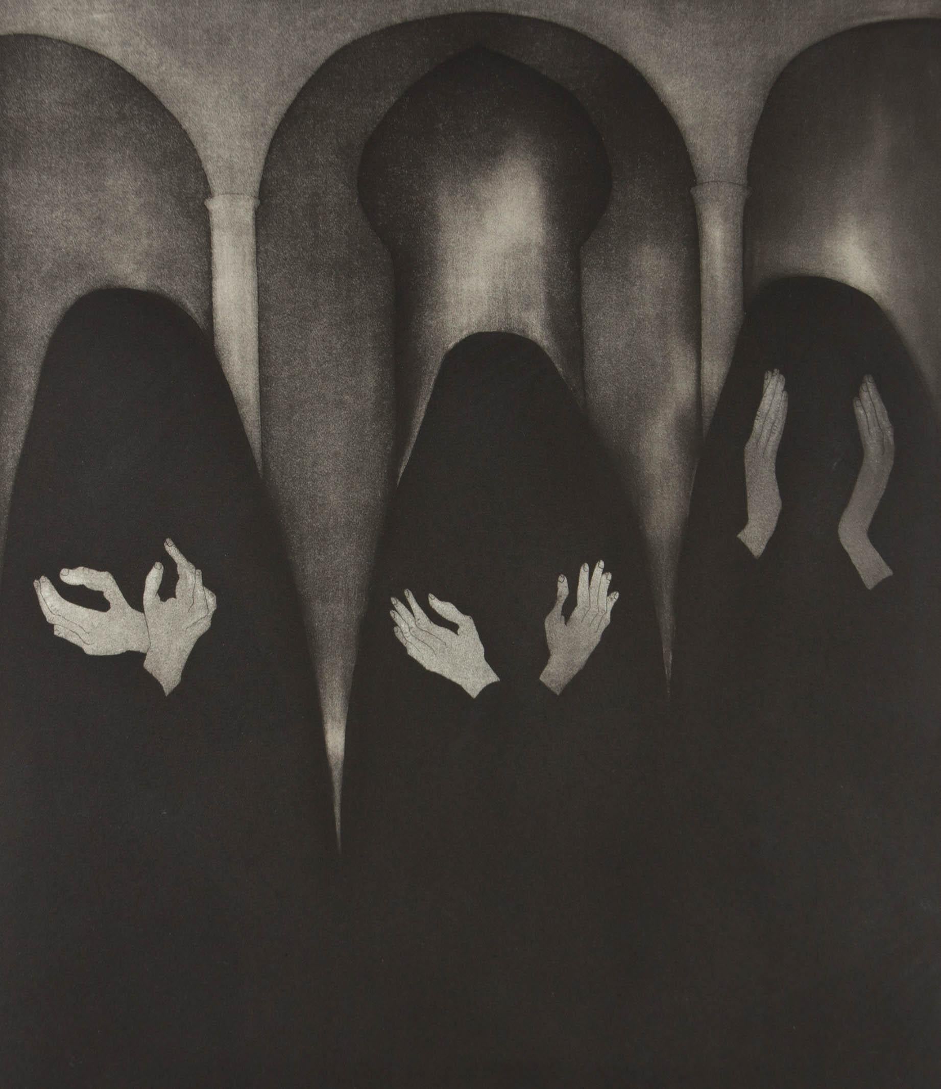 A dark and striking acid etching showing a surreal trio of figures in black shrouds, with only their hands visible, each posed in front of the figure's body. This particular print is from Oliner's 