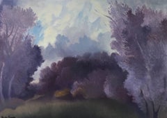 Vintage "Beaumont landscape" . Sheila Querre. Oil on canvas Purple Blue Romantic style