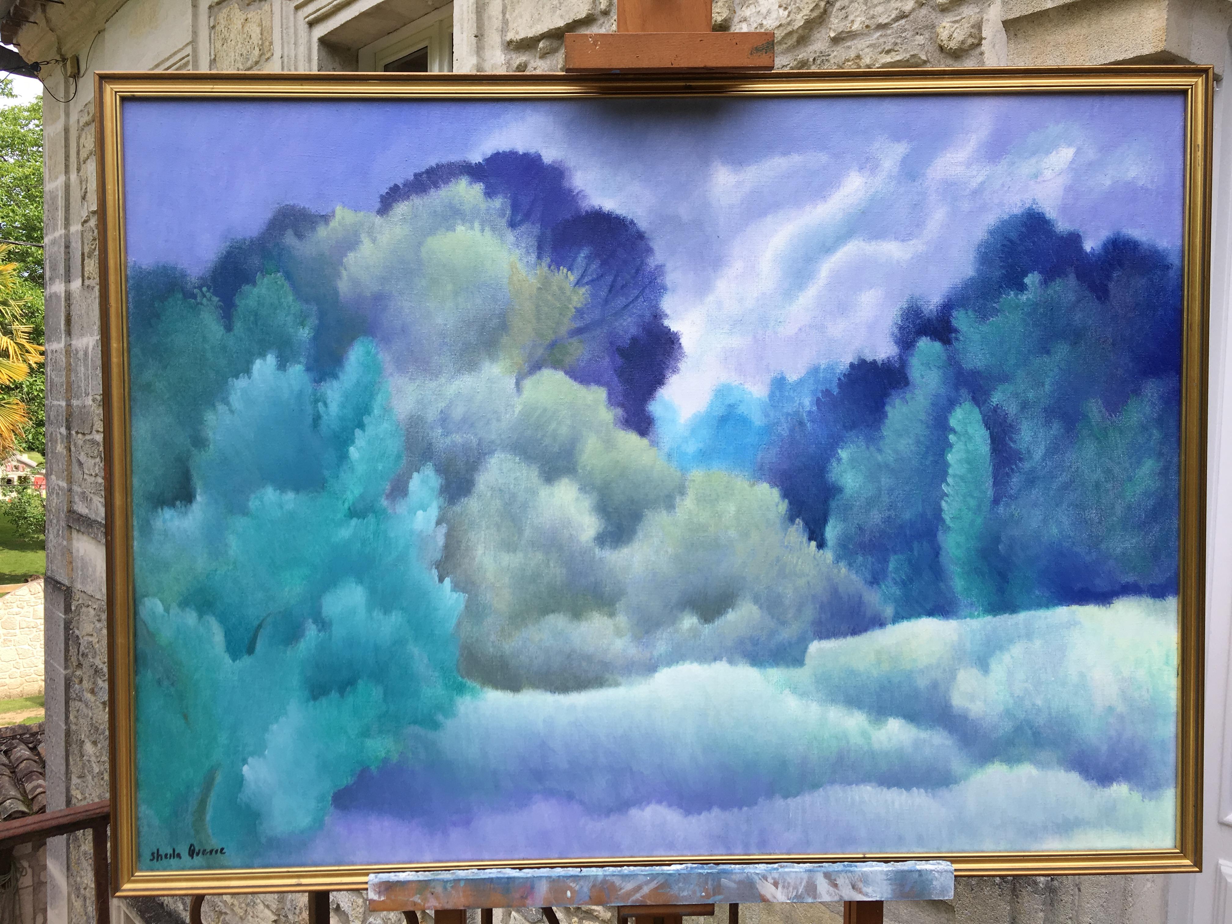 Blaue Träume. Wolkenfrohe Landschaft in Blau. Öl/Leinwand Sheila Querre Romantisches Stil, Öl im Angebot 1