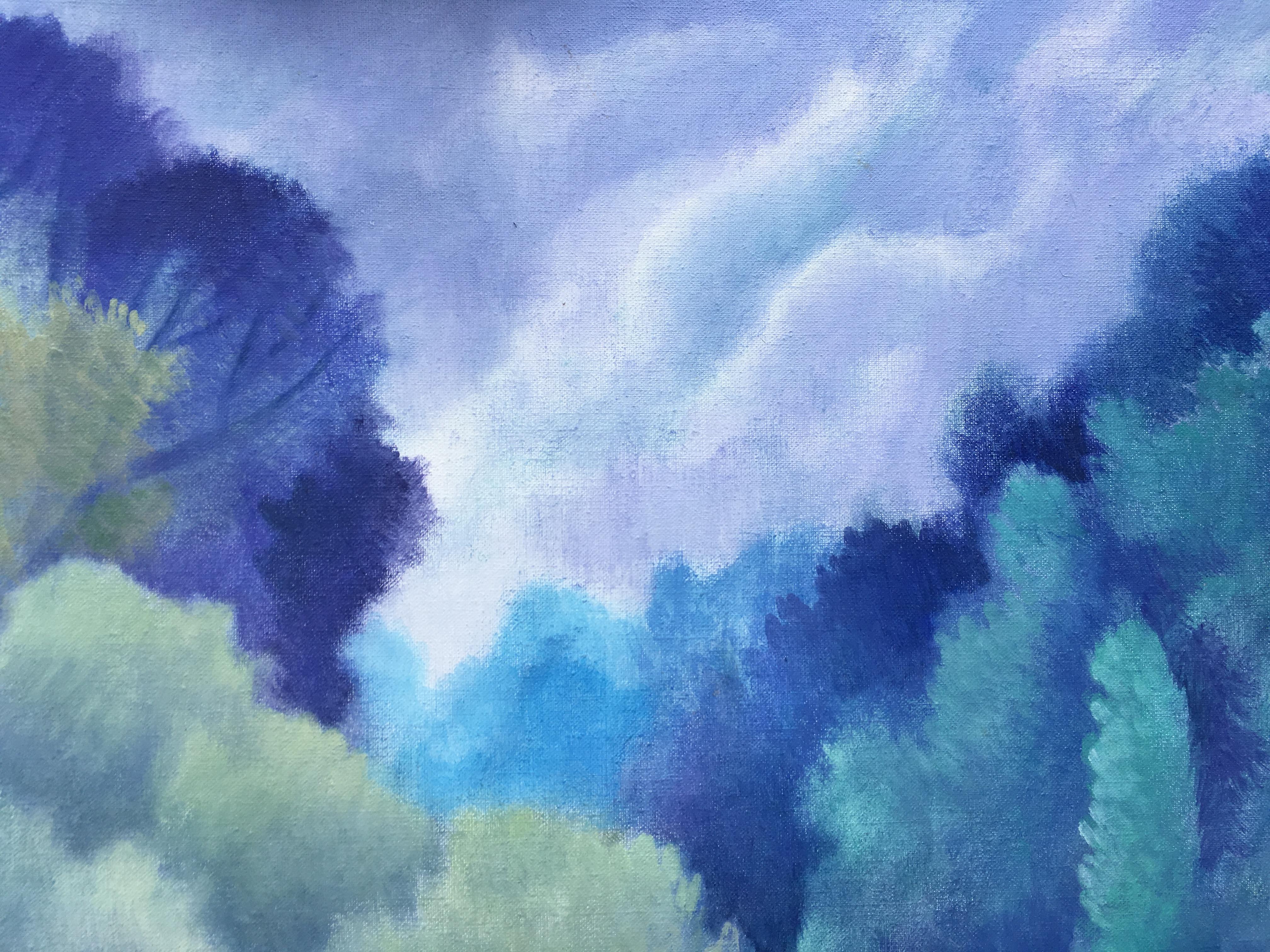 Blaue Träume. Wolkenfrohe Landschaft in Blau. Öl/Leinwand Sheila Querre Romantisches Stil, Öl im Angebot 2