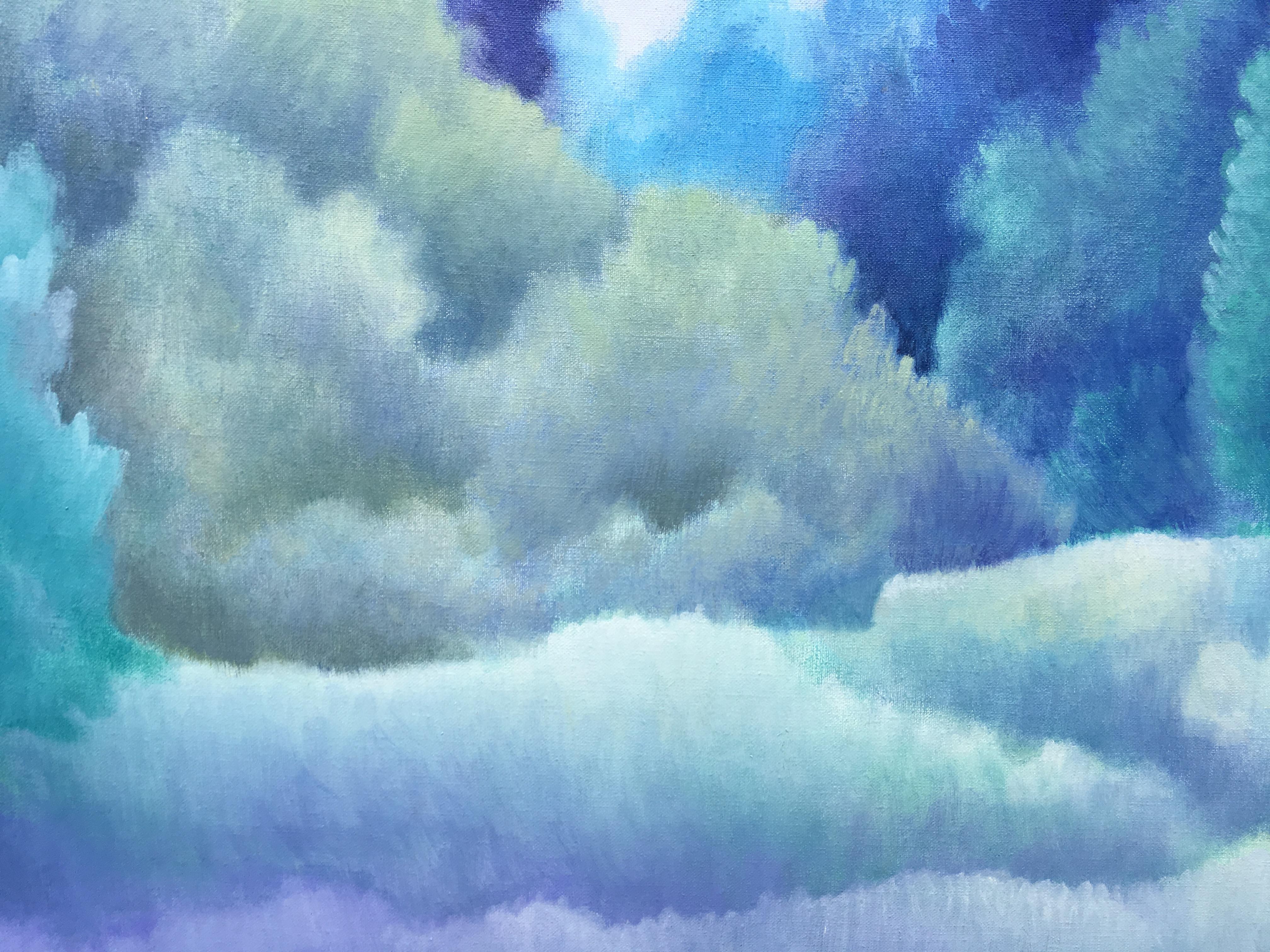 Blaue Träume. Wolkenfrohe Landschaft in Blau. Öl/Leinwand Sheila Querre Romantisches Stil, Öl im Angebot 4