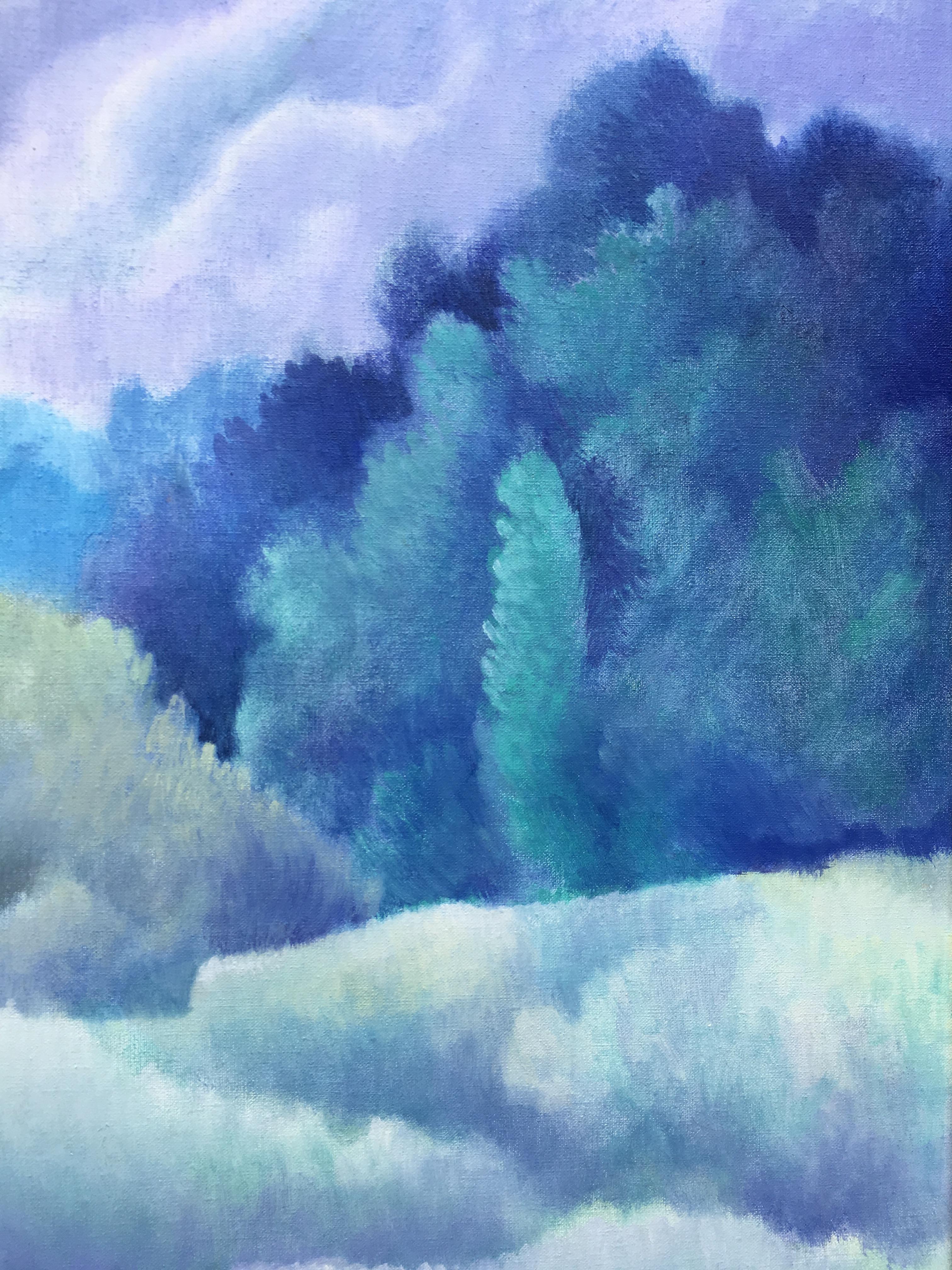 Blaue Träume. Wolkenfrohe Landschaft in Blau. Öl/Leinwand Sheila Querre Romantisches Stil, Öl 5