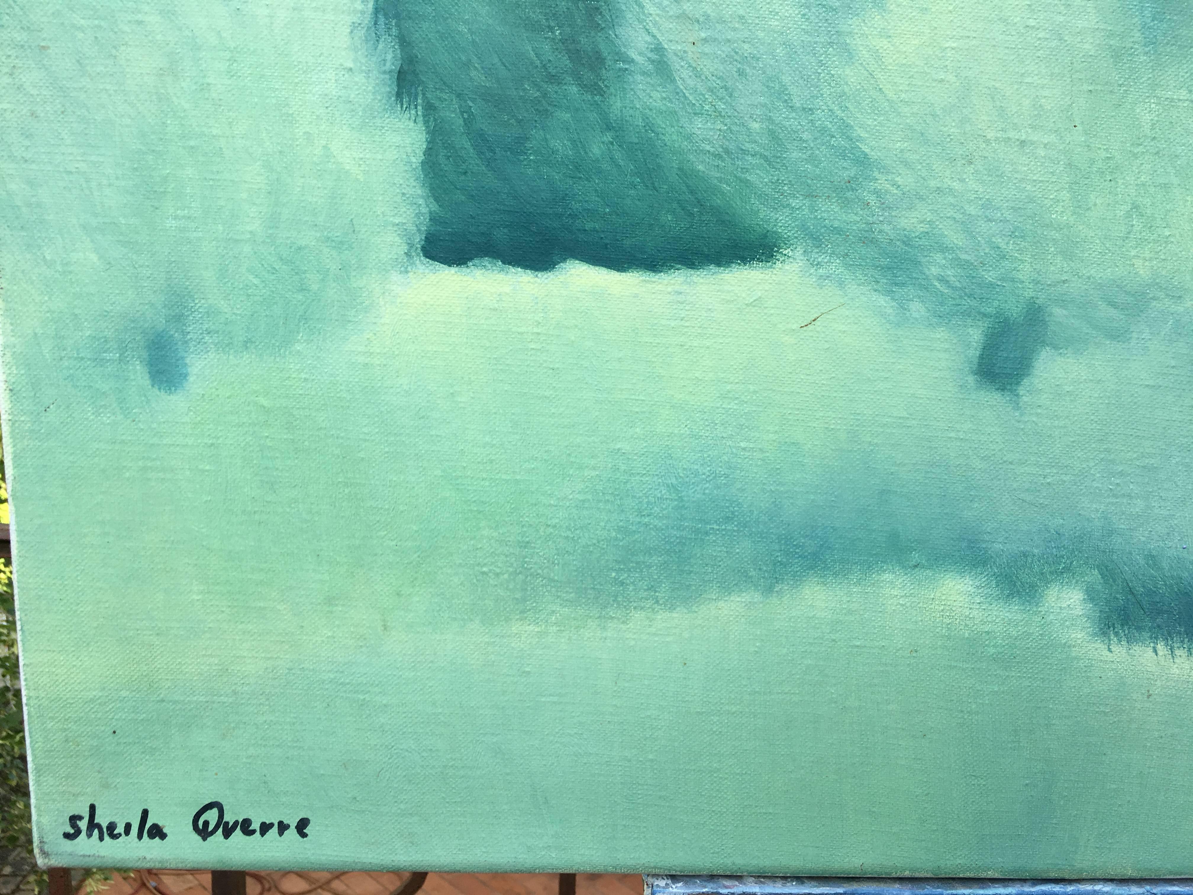 Französische Landschaft in Grün und Blau. Öl auf Leinwand im romantischen Stil von Sheila Querre im Angebot 1