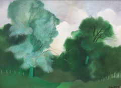Vintage "Les Palus, Bretagne". Sheila Querre,Oil on panel Green Romantic style Landscape