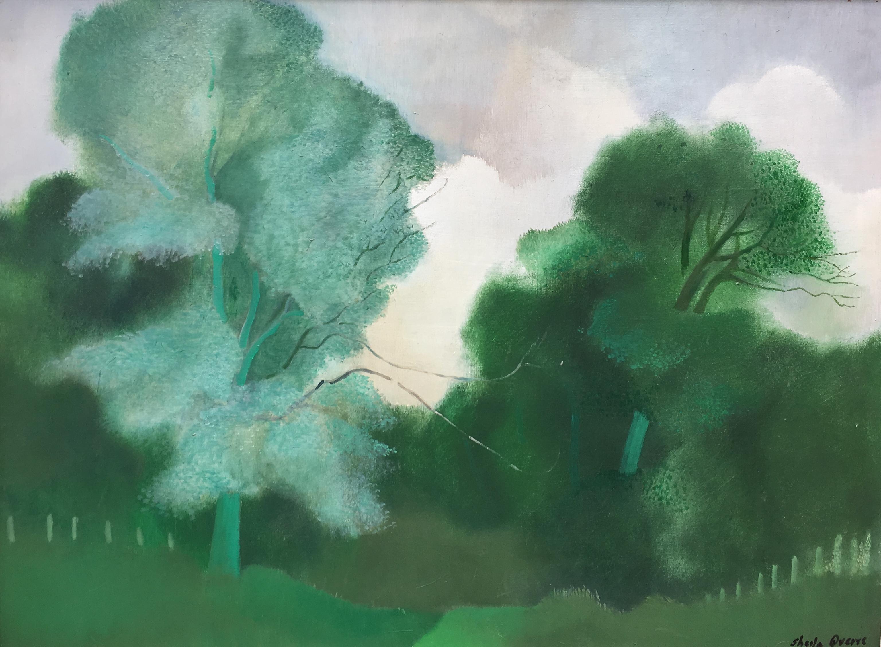 "The Palus, Bretagne", vision of a leafy and green landscape of Le Palus, in French Brittany in Romantic style by Sheila Querre.
Dimension art cm: 60 H x 81 W 
Dimension framed cm: 78 H x 98 W x 5 D

The colours of the original work are a bit