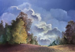 "My valley".  Oil. Sheila Querre French cloudy sky romantic style landscape.