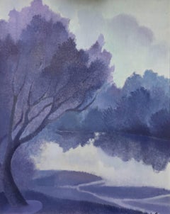 "Il fiume Dordogna che passa davanti a Civrac", Sheila Querre olio/pannello stile romantico