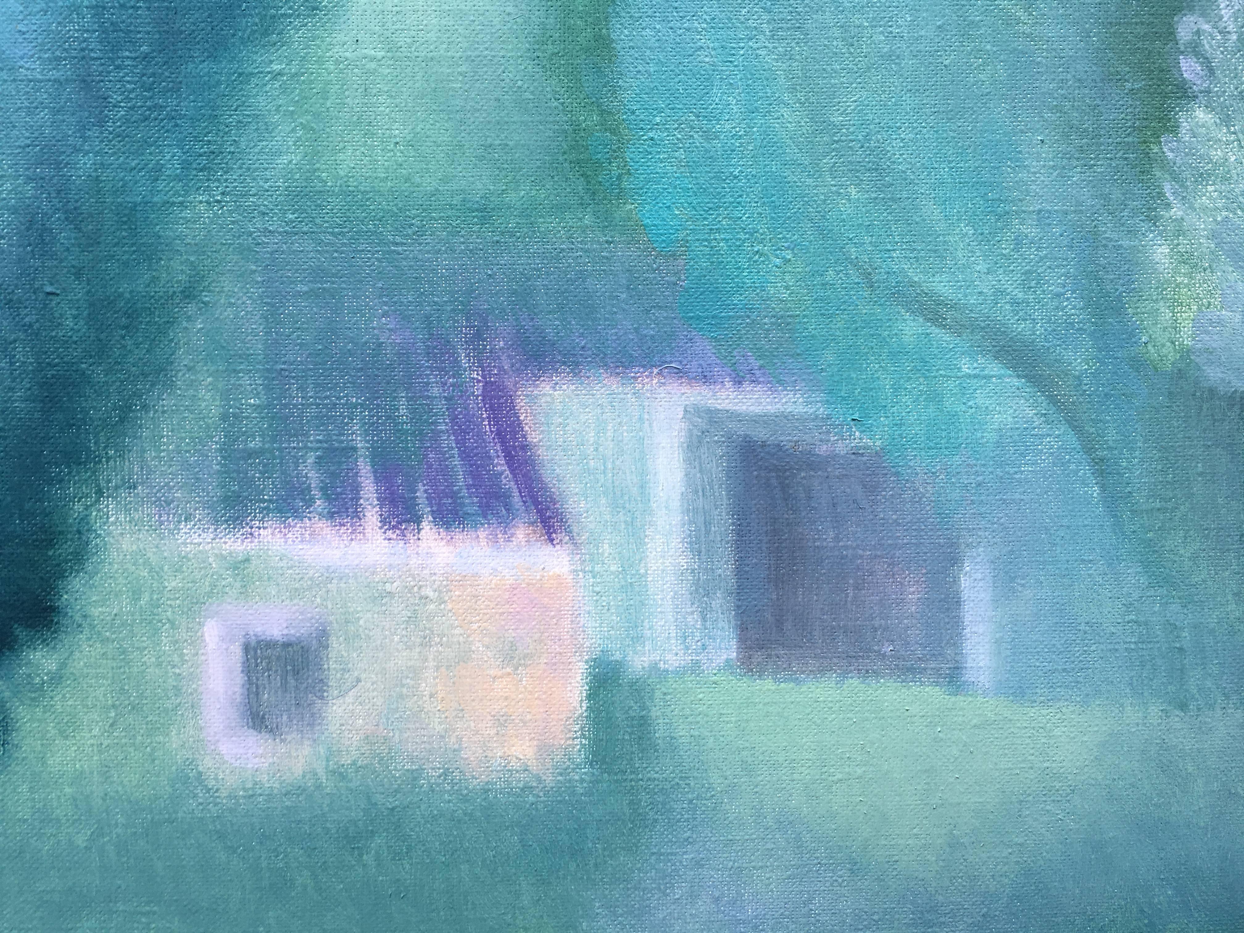 The Little House. Grüne und blaue romantische Landschaft von Sheila Querre, Öl auf Leinwand im Angebot 1