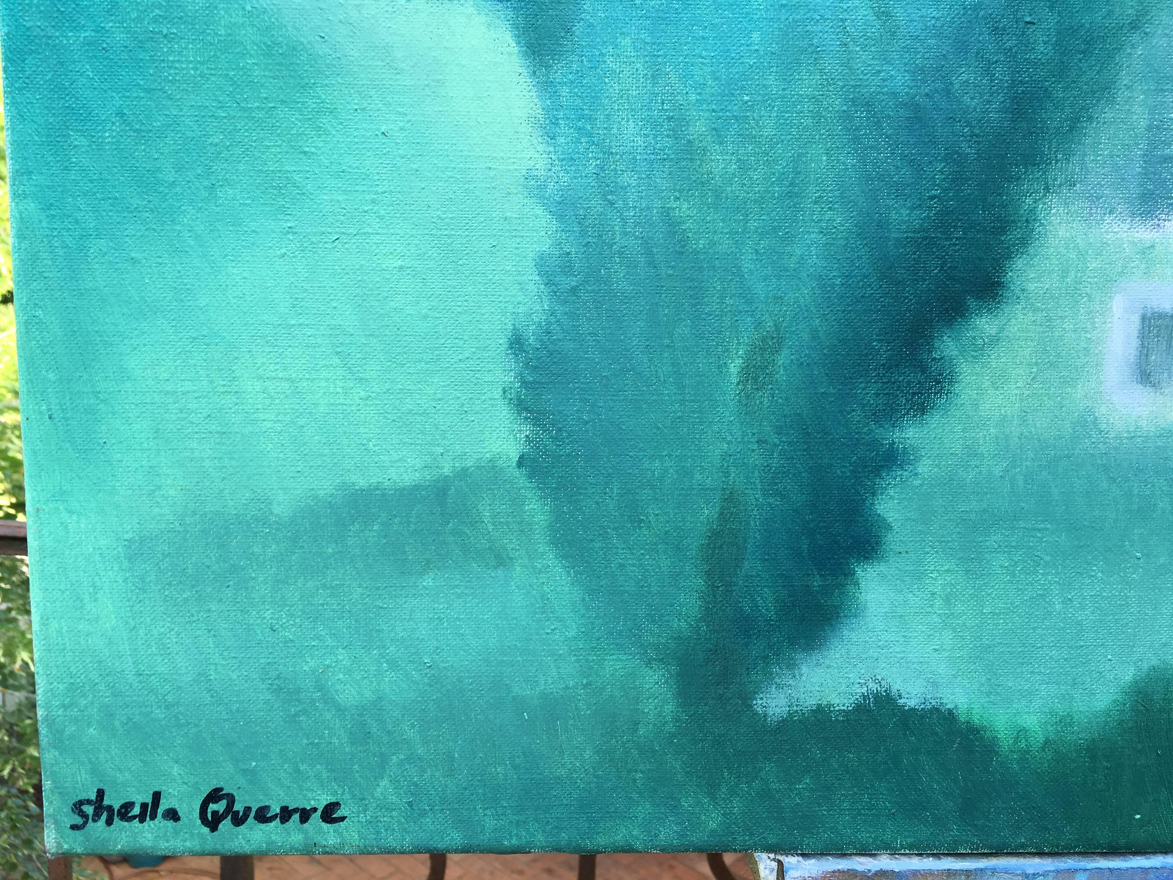 The Little House. Grüne und blaue romantische Landschaft von Sheila Querre, Öl auf Leinwand im Angebot 3