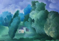 La petite maison. Huile sur toile vert et bleu - Paysage romantique de Sheila Querre
