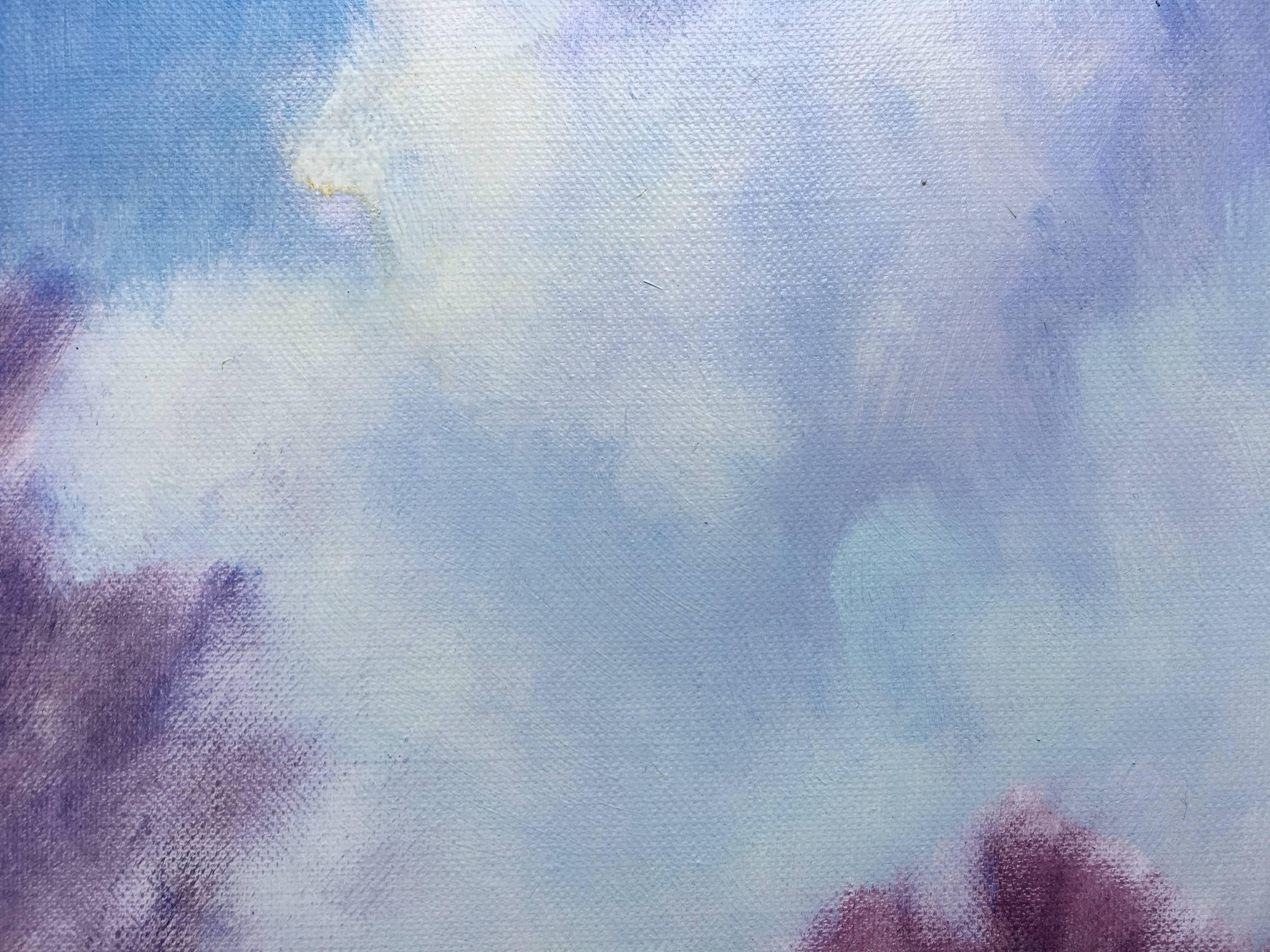 L'eau de mes pensées, paysage à l'huile romantique de Sheila Querre, violet et bleu en vente 2