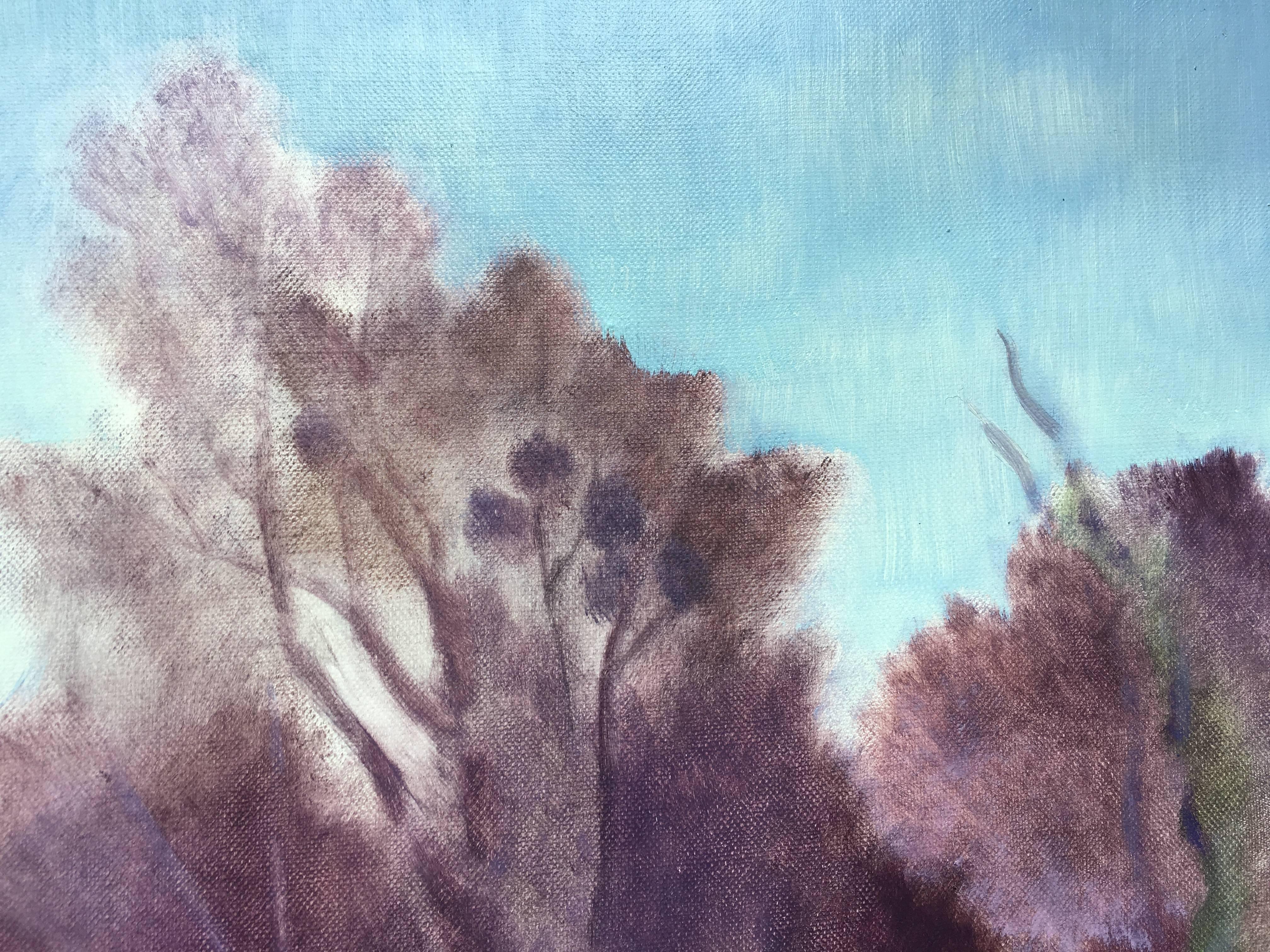 L'eau de mes pensées, paysage à l'huile romantique de Sheila Querre, violet et bleu en vente 3