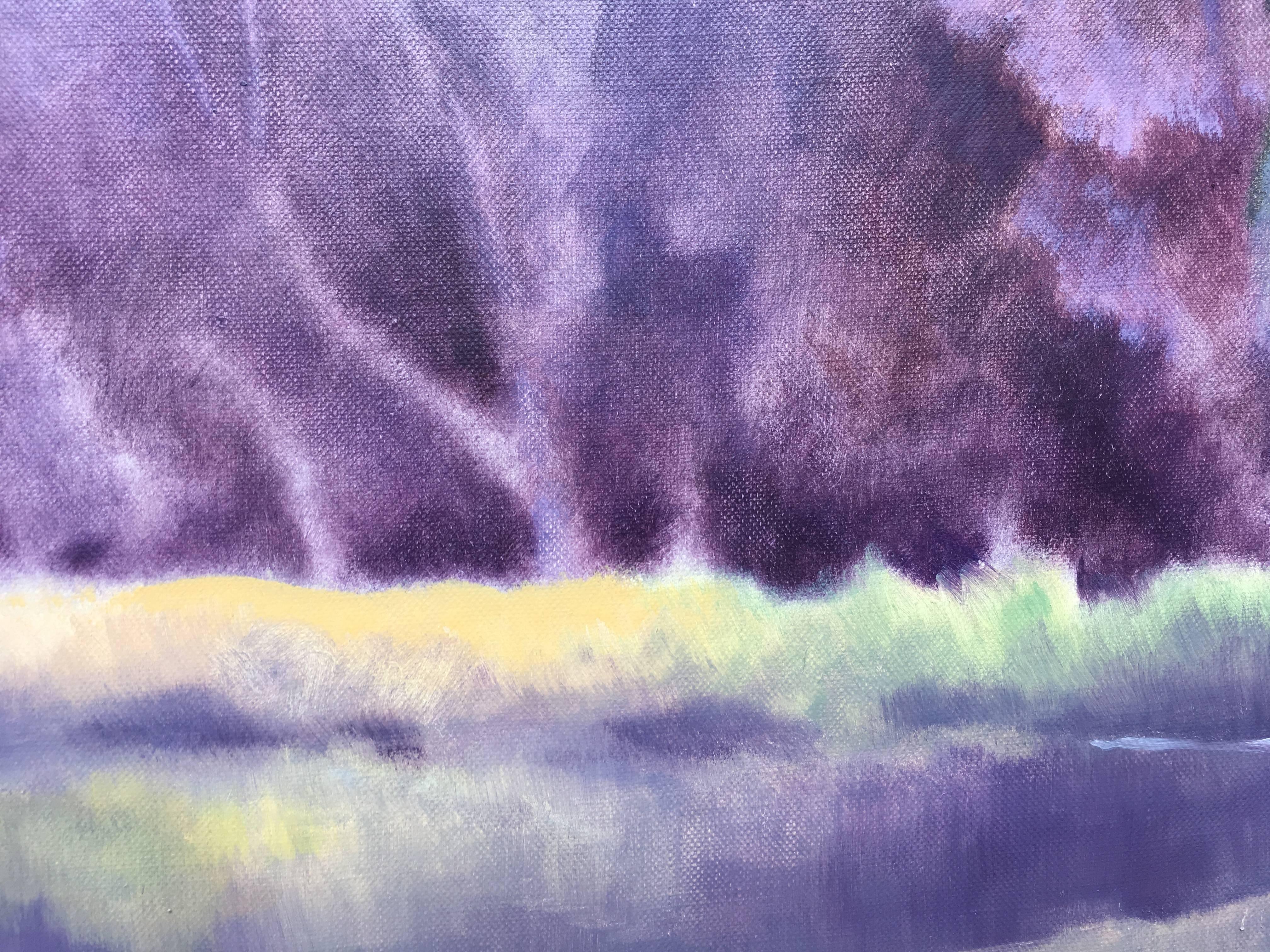 The water of my thoughts, Oil Sheila Querre romantic purple and blue landscape For Sale 1