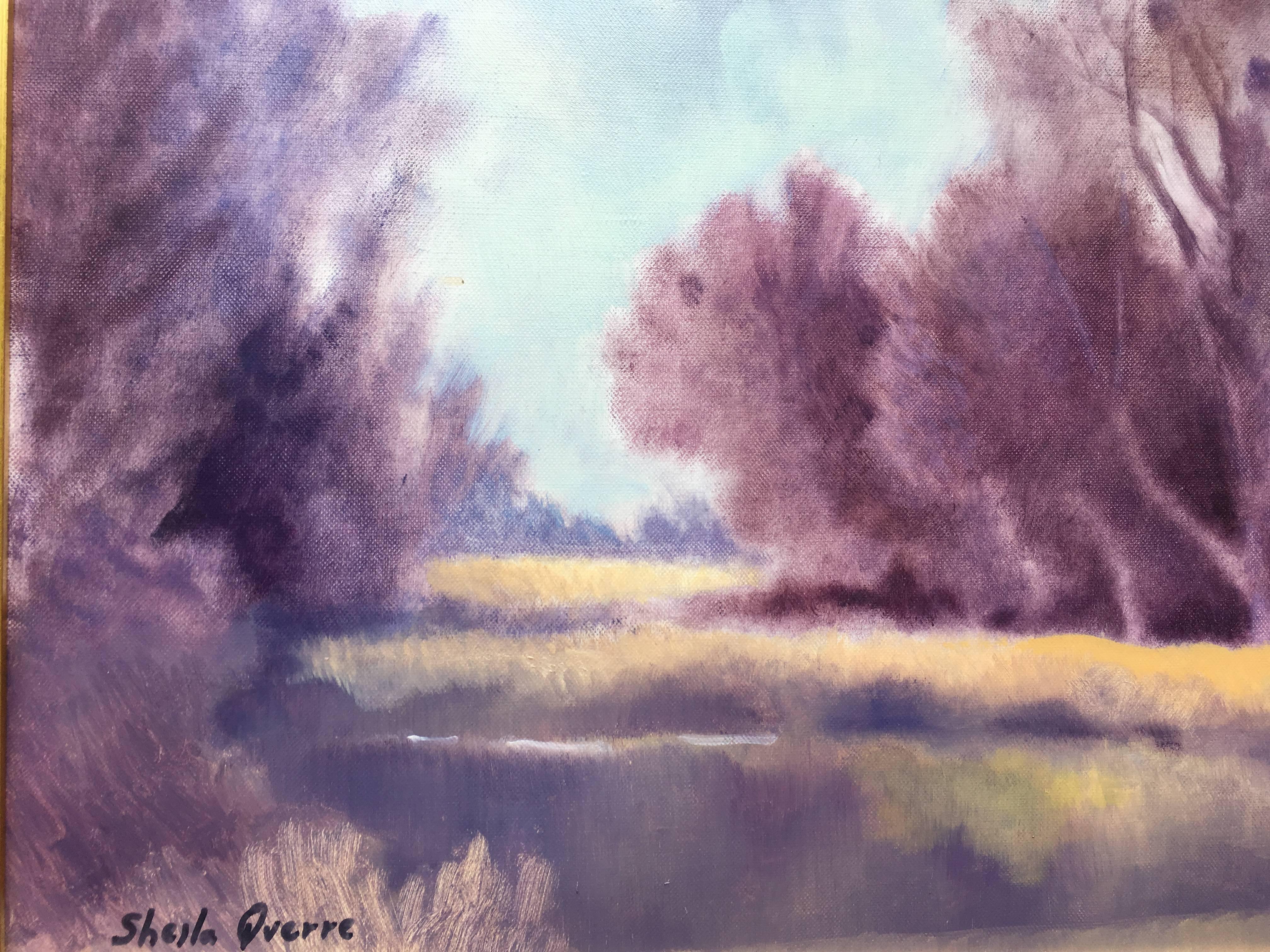 The water of my thoughts, Oil Sheila Querre romantic purple and blue landscape For Sale 2