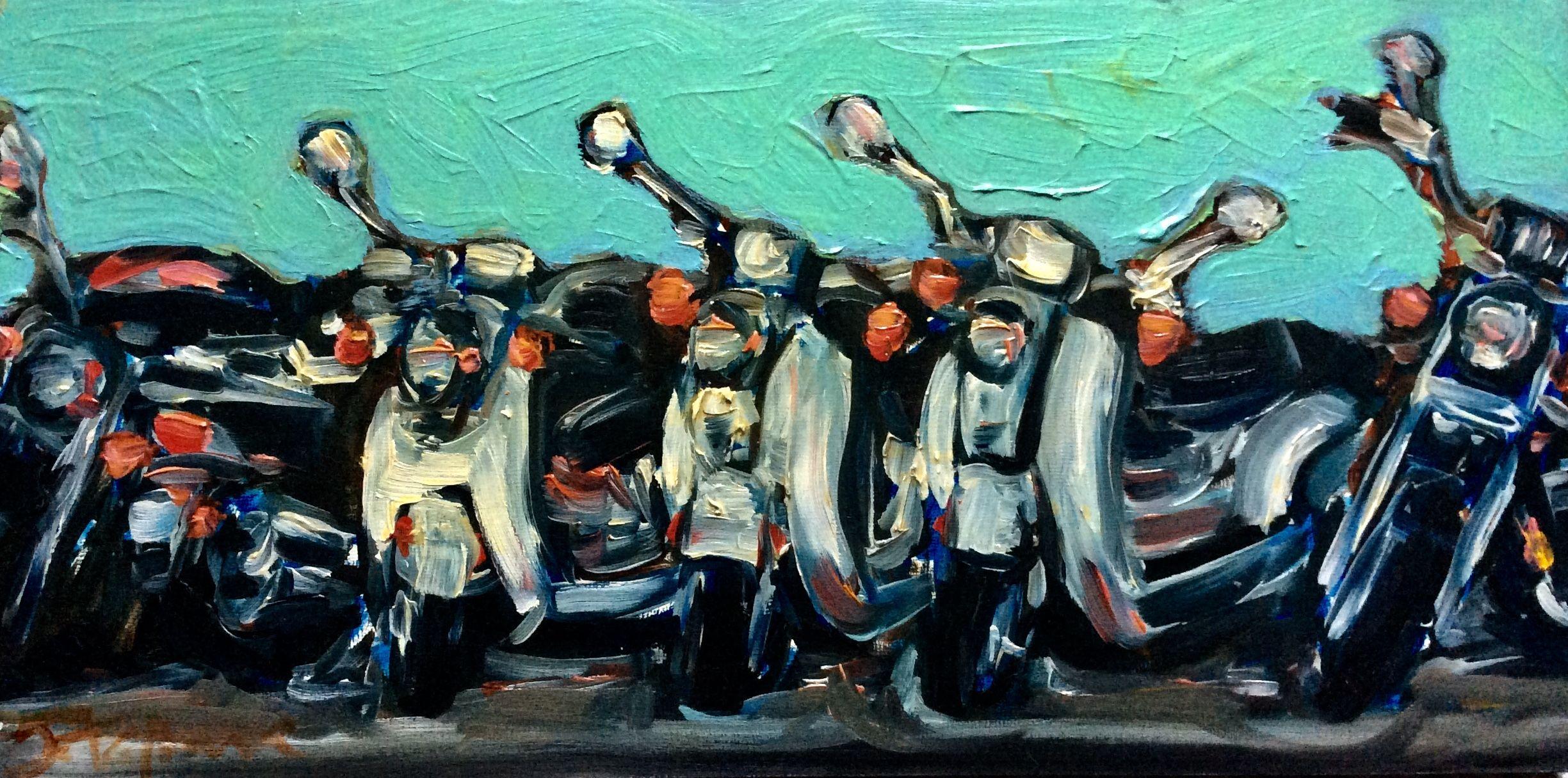I saw these 3 scooters nestled between 2 motorcycles on a street facing UC Berkeley. I love Vespas and thought of 3 friends getting together for coffee  :: Painting :: Impressionist :: This piece comes with an official certificate of authenticity