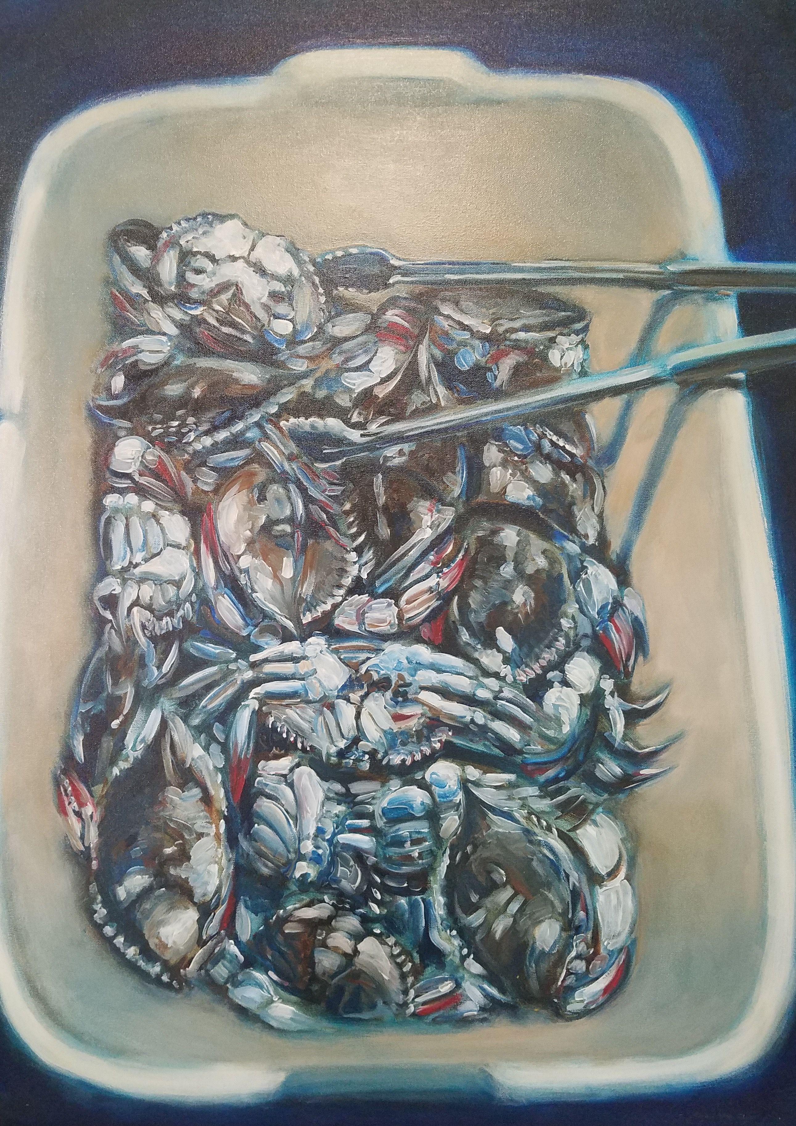 Walking through the local Asian Market.  Browsing the seafood section and I saw these live Blue Crabs in their plastic display bin.  Donâ€™t they seem a little blue to you too? :: Painting :: Impressionist :: This piece comes with an official