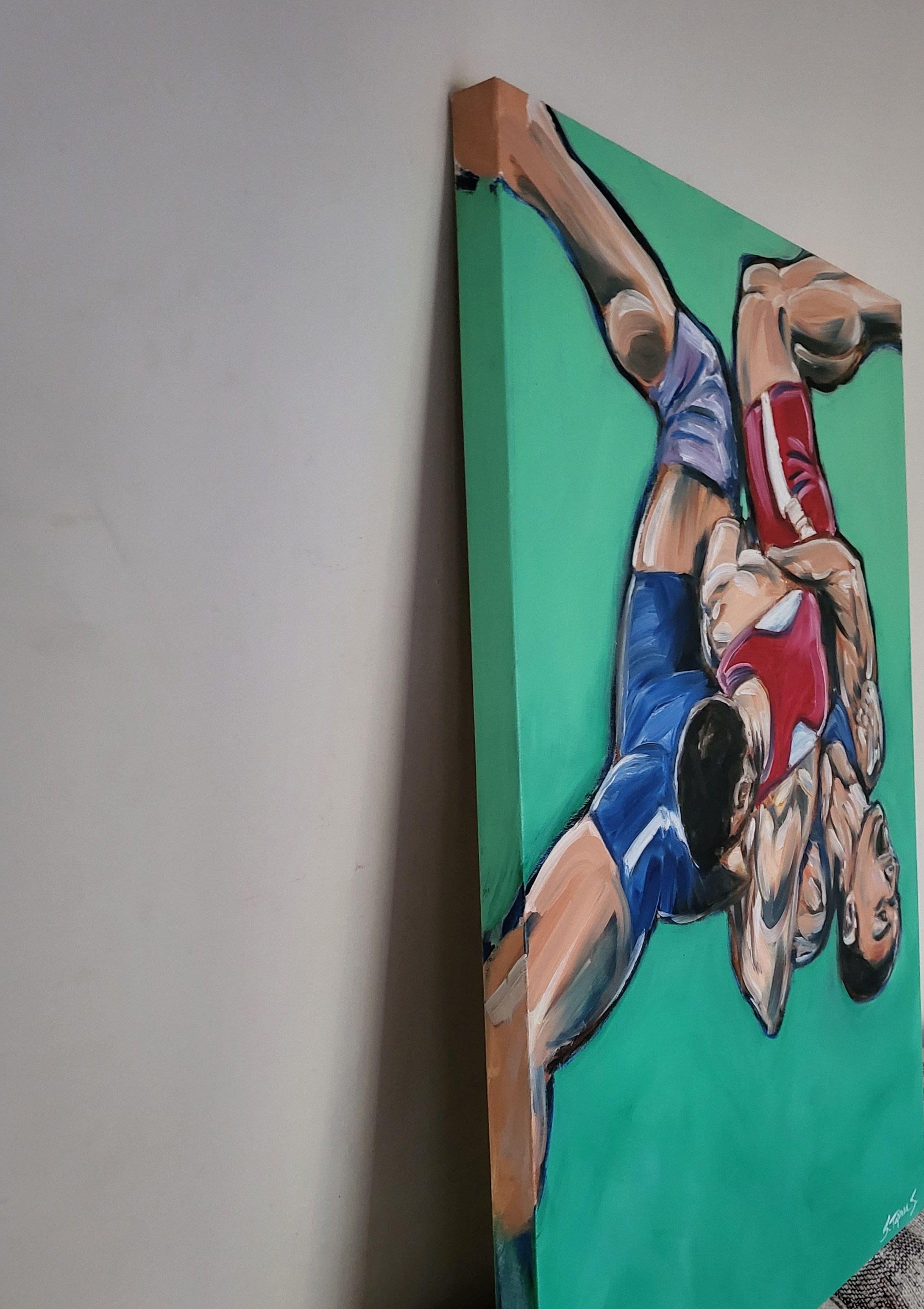 Siempre me ha fascinado y asustado el deporte, a veces brutal, de la lucha libre. Admiro los movimientos casi de baile antes de que uno de los atletas explote en un movimiento ofensivo.  Quise expresar esta explosión en un cuadro en honor a este