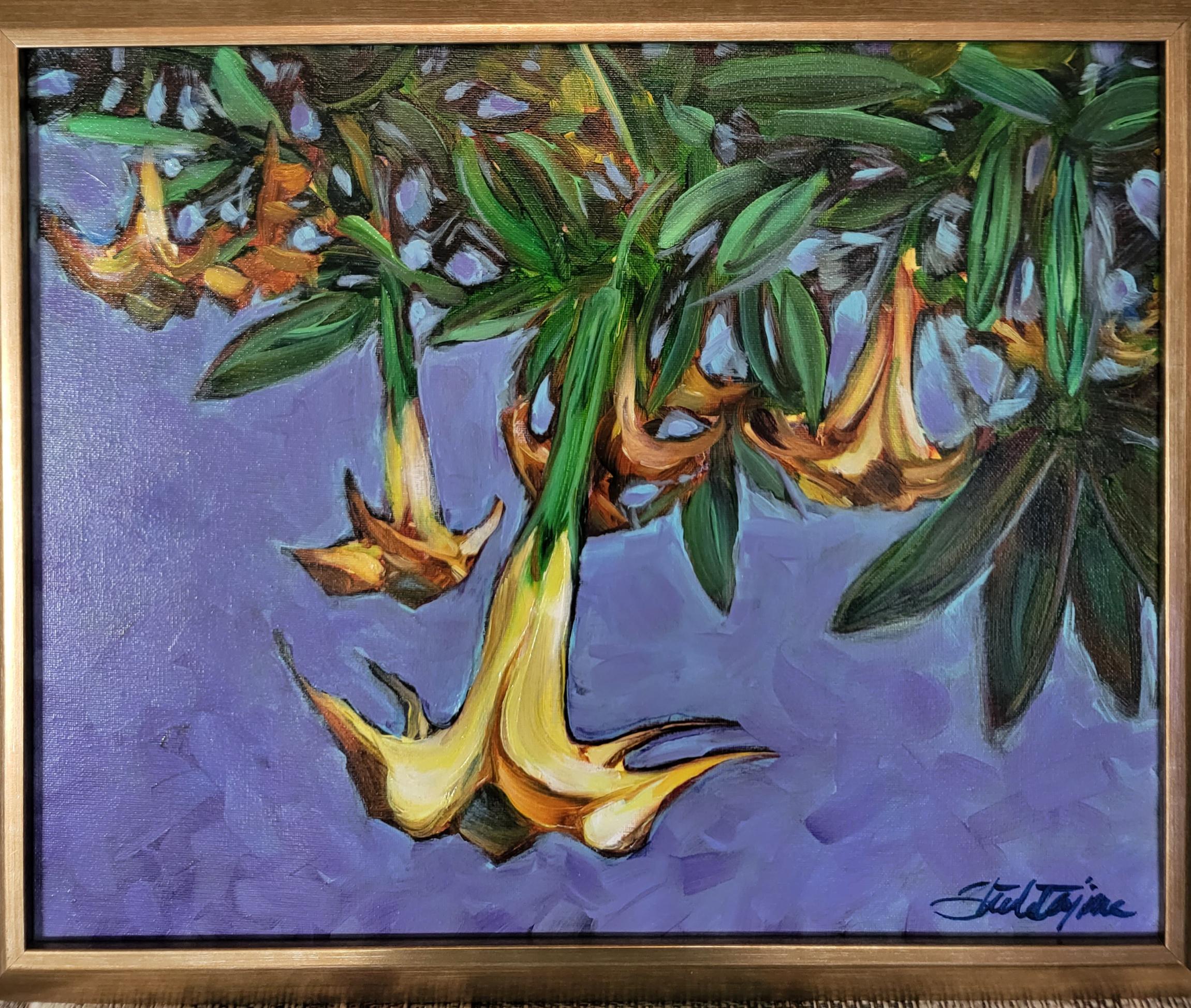 Peinture, huile sur toile Angel Trumpets de Mendocino - Painting de Sheila Tajima