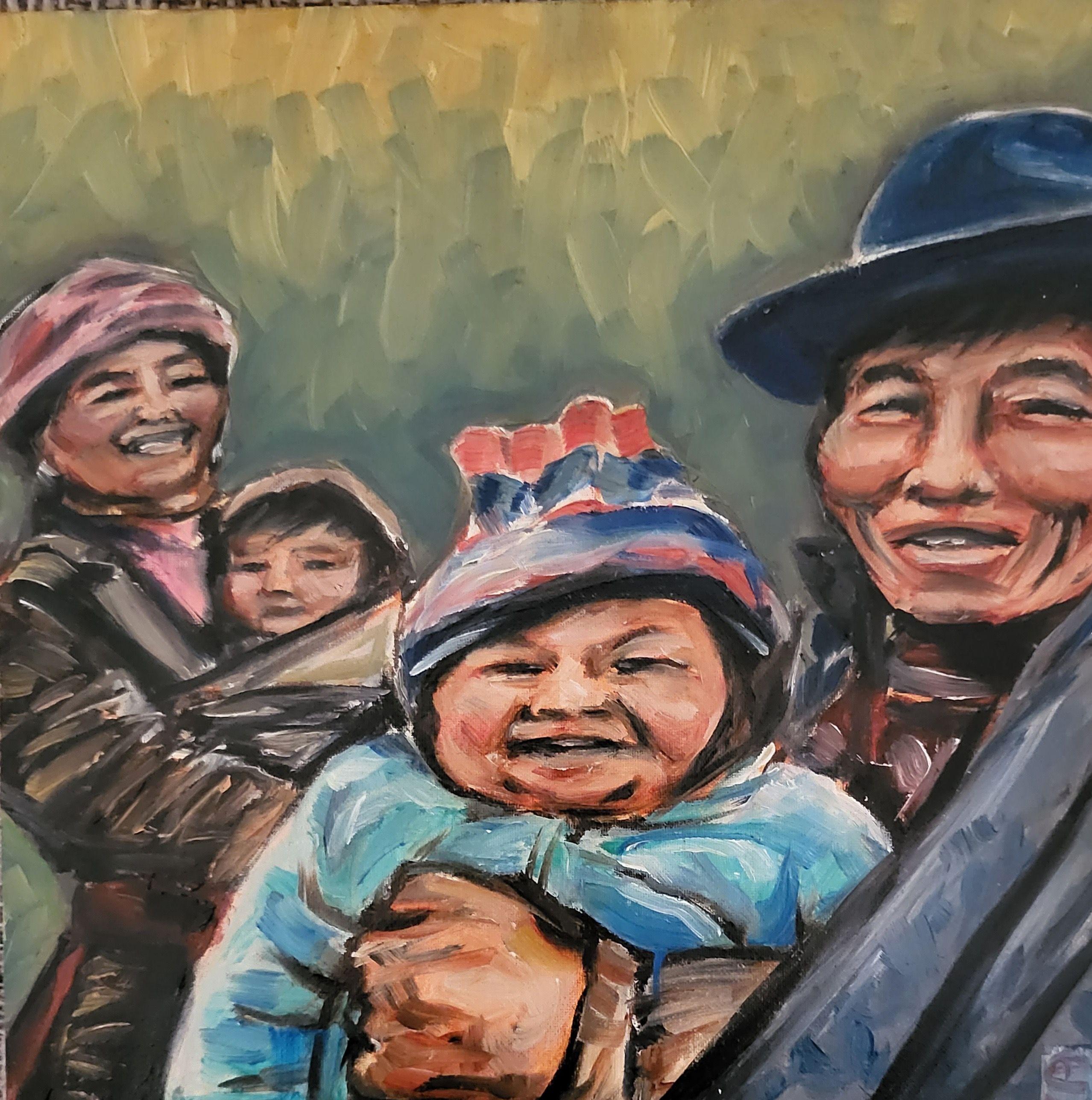 Sorrisi intorno, Pittura, Olio su pannello MDF - Painting di Sheila Tajima