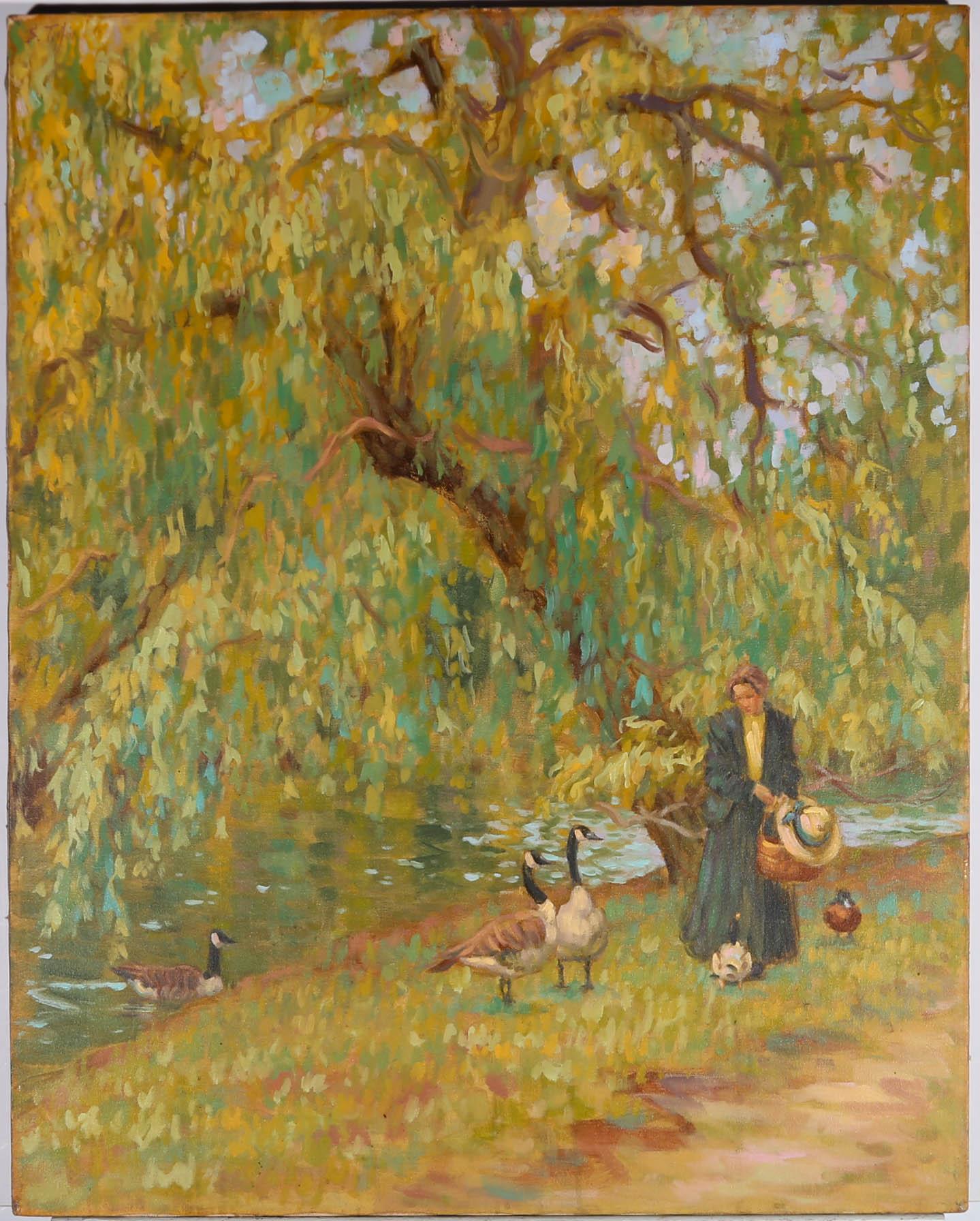 Sheila Tiffin (nata nel 1952) - Olio del XX secolo, Dare da mangiare alle anatre 1
