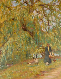 Sheila Tiffin (nata nel 1952) - Olio del XX secolo, Dare da mangiare alle anatre