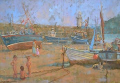 Vintage "Children Playing, Low Tide". English Figurative Oil Painting 