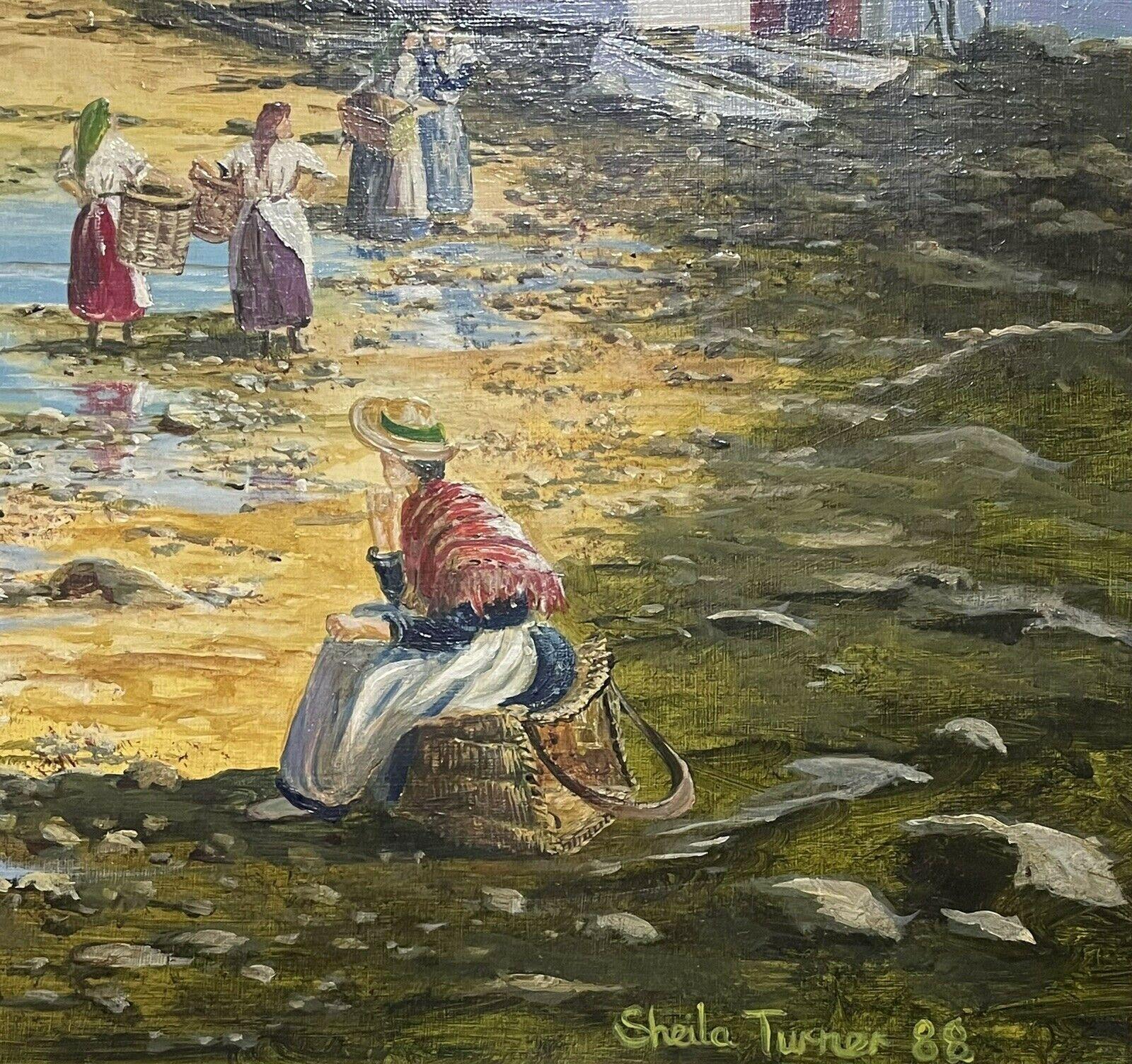 Scottish Coastal Seascape Fishing Village Fisherfolk on the Shore, Large Oil - Victorian Painting by Sheila Turner