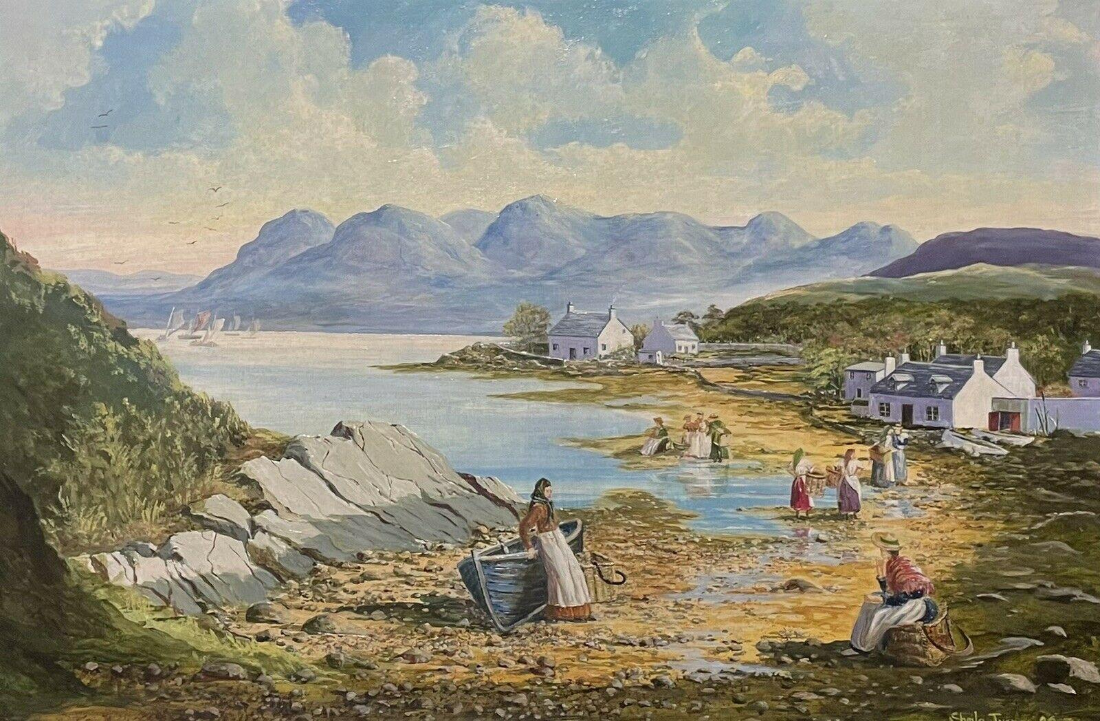 Sheila Turner Figurative Painting - Scottish Coastal Seascape Fishing Village Fisherfolk on the Shore, Large Oil