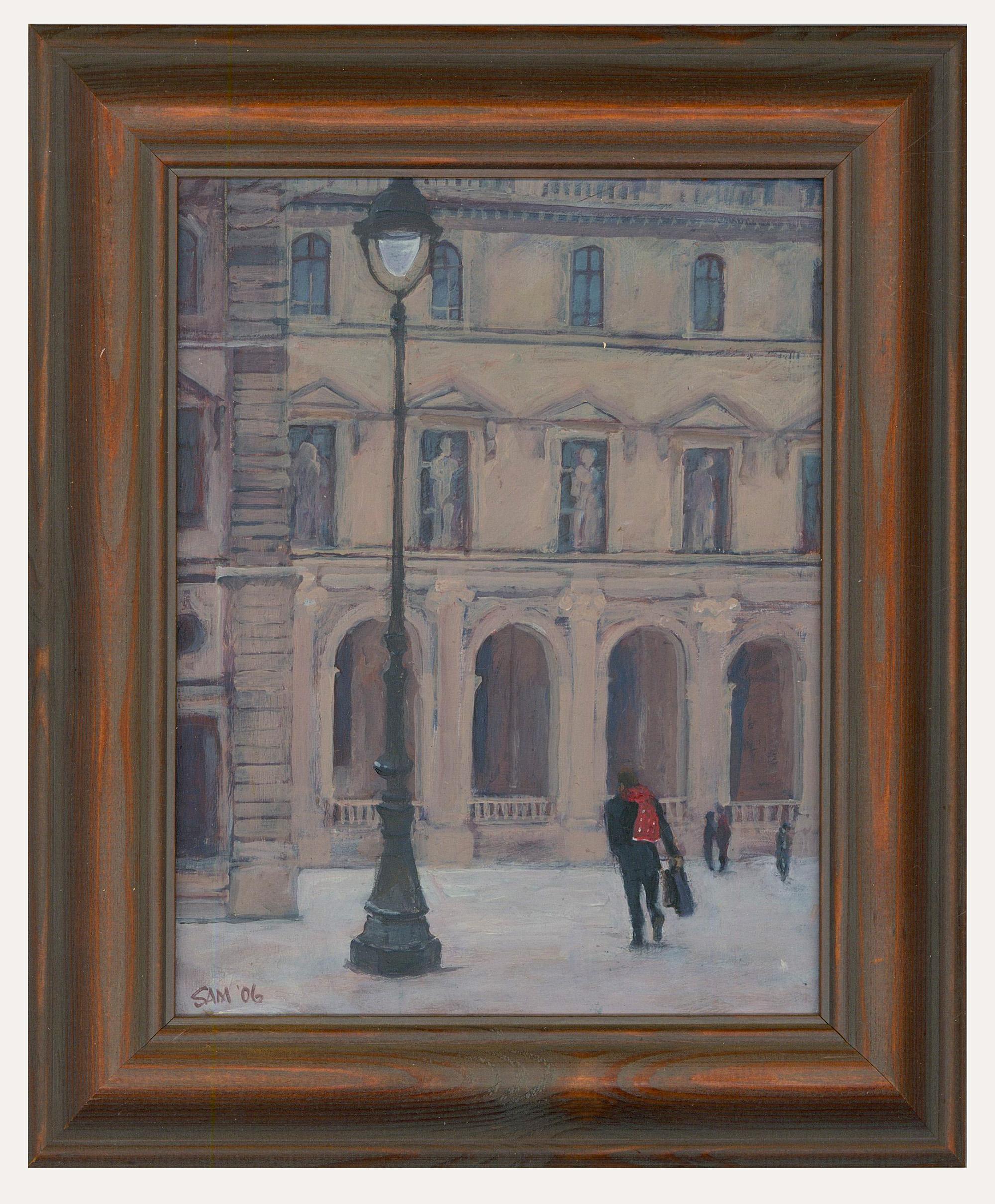 A charming oil study depicting a quiet city street on an icy winter's day. Signed and dated to the lower left. Presented in a wooden frame. On board.
