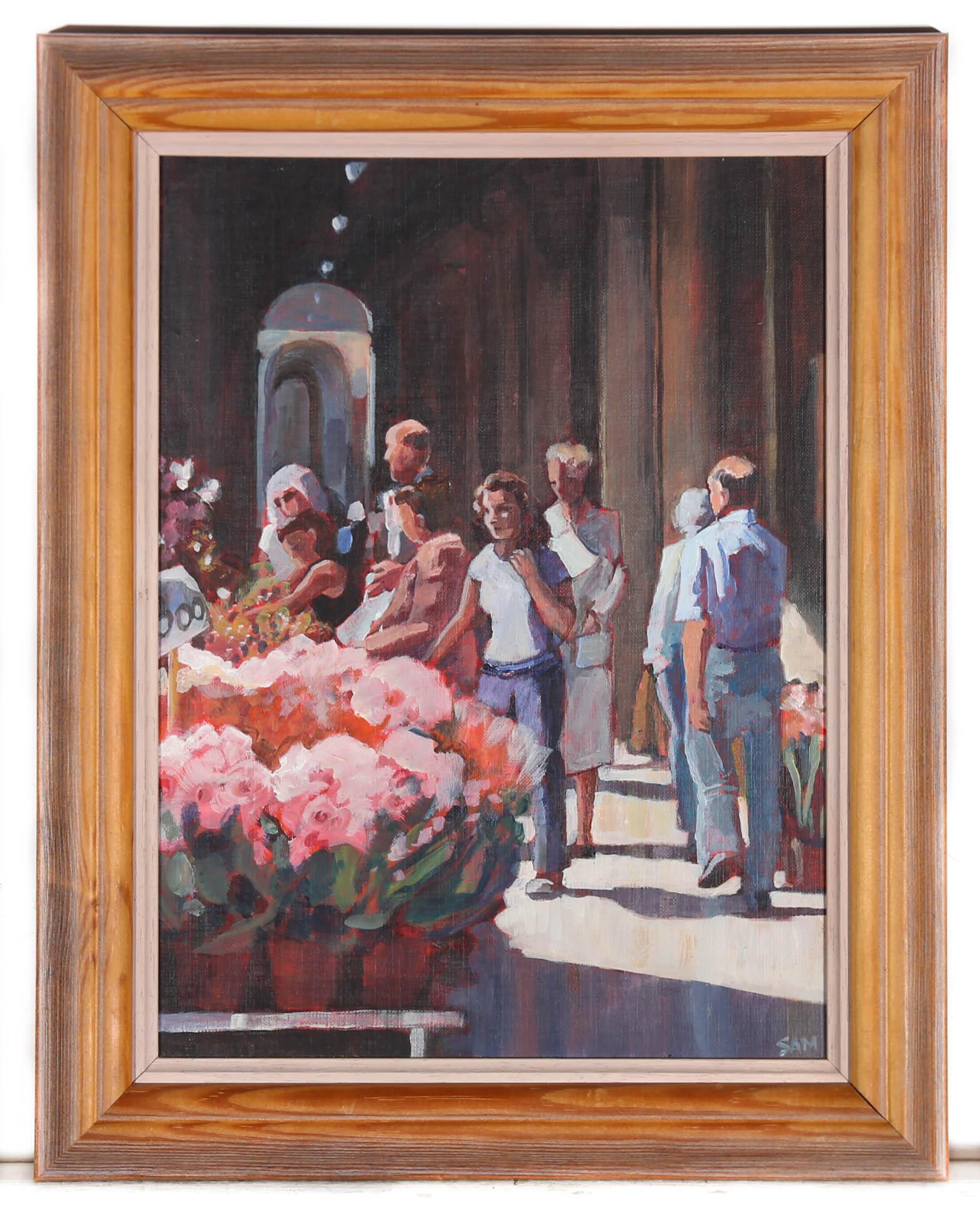 Sheila Vaughan  - 2006 Oil, Flower Market, Florence For Sale 1