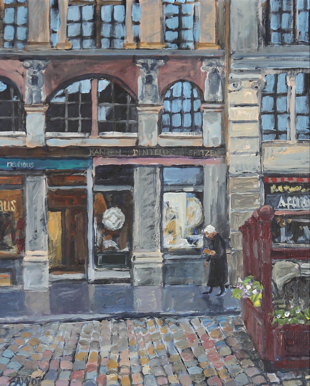 A charming scene depicting the cobbled streets of a German town. The artist captures the neighbouring 'Neuhaus' chocolate shop and lace shop and their decorative shop windows using small but expressive brushstrokes. Signed and dated to the lower