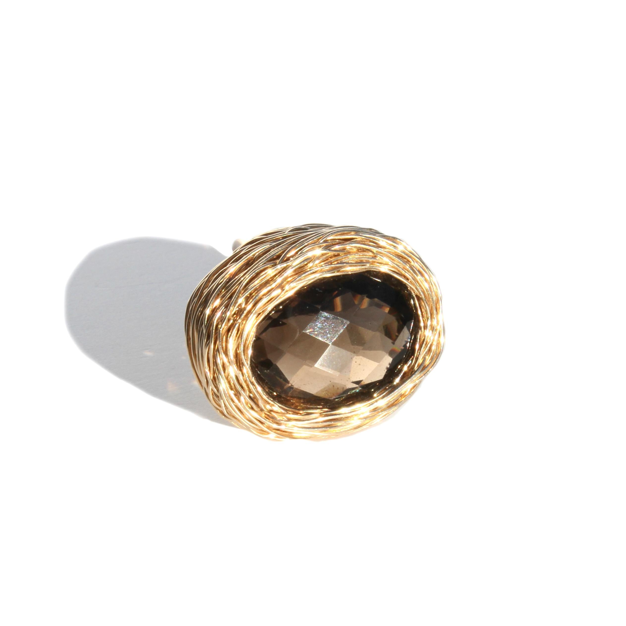 Contemporary Deep Faceted Oval Smoky Quartz in Gold Statement Ring by Sheila Westera