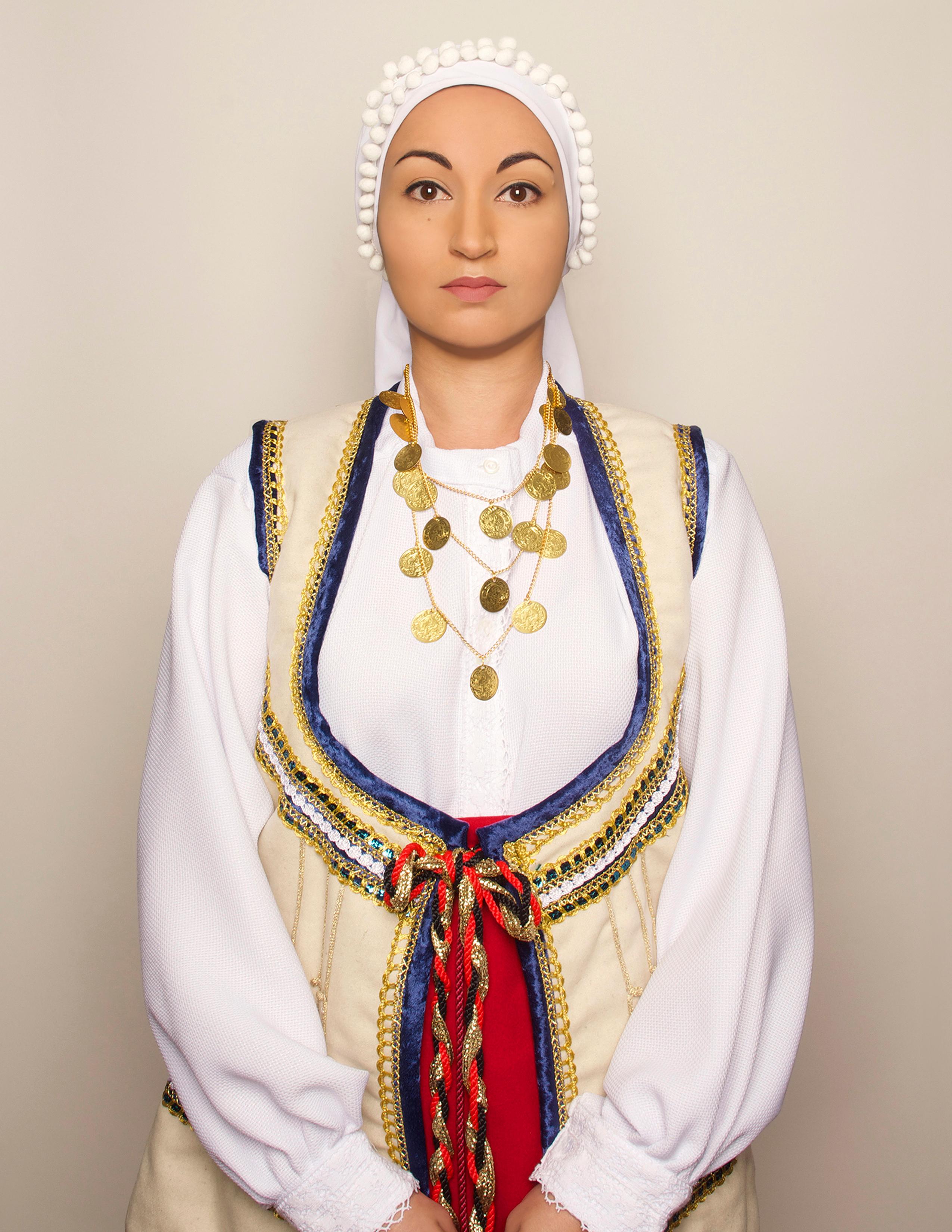 Sheinina Raj Portrait Photograph - "Greek Woman", contemporary, photography, selfportraiture, blue, yellow, red