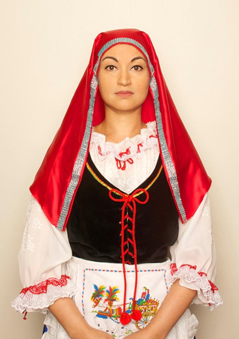 Sheinina Raj Portrait Photograph - Sicilian Woman, Contemporary, Photography, SelfPortraiture, Red, Gold, White