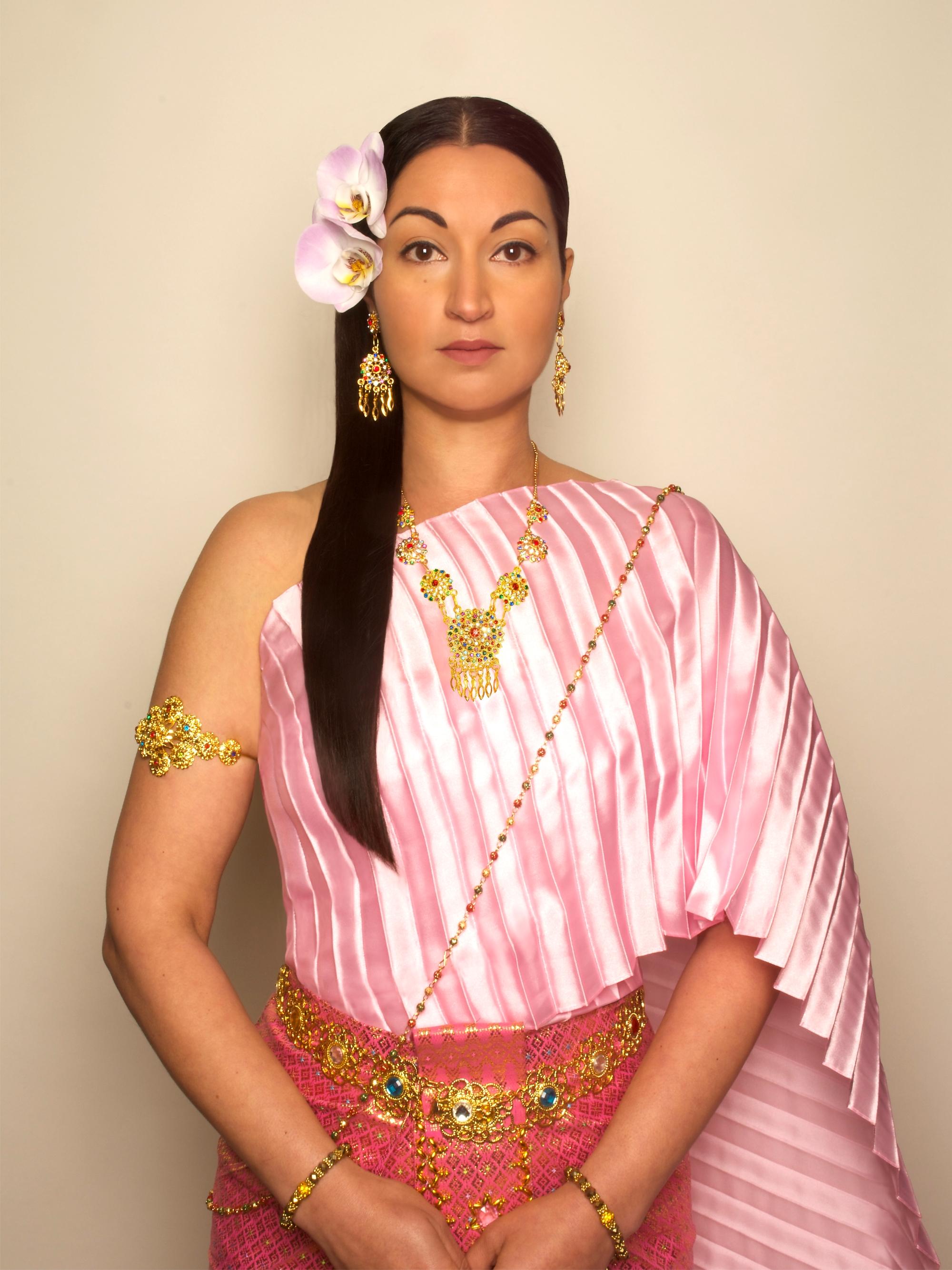 Sheinina Raj Figurative Photograph - Thai Woman, Contemporary, Photography, SelfPortraiture, Gold, Pink, Green, 