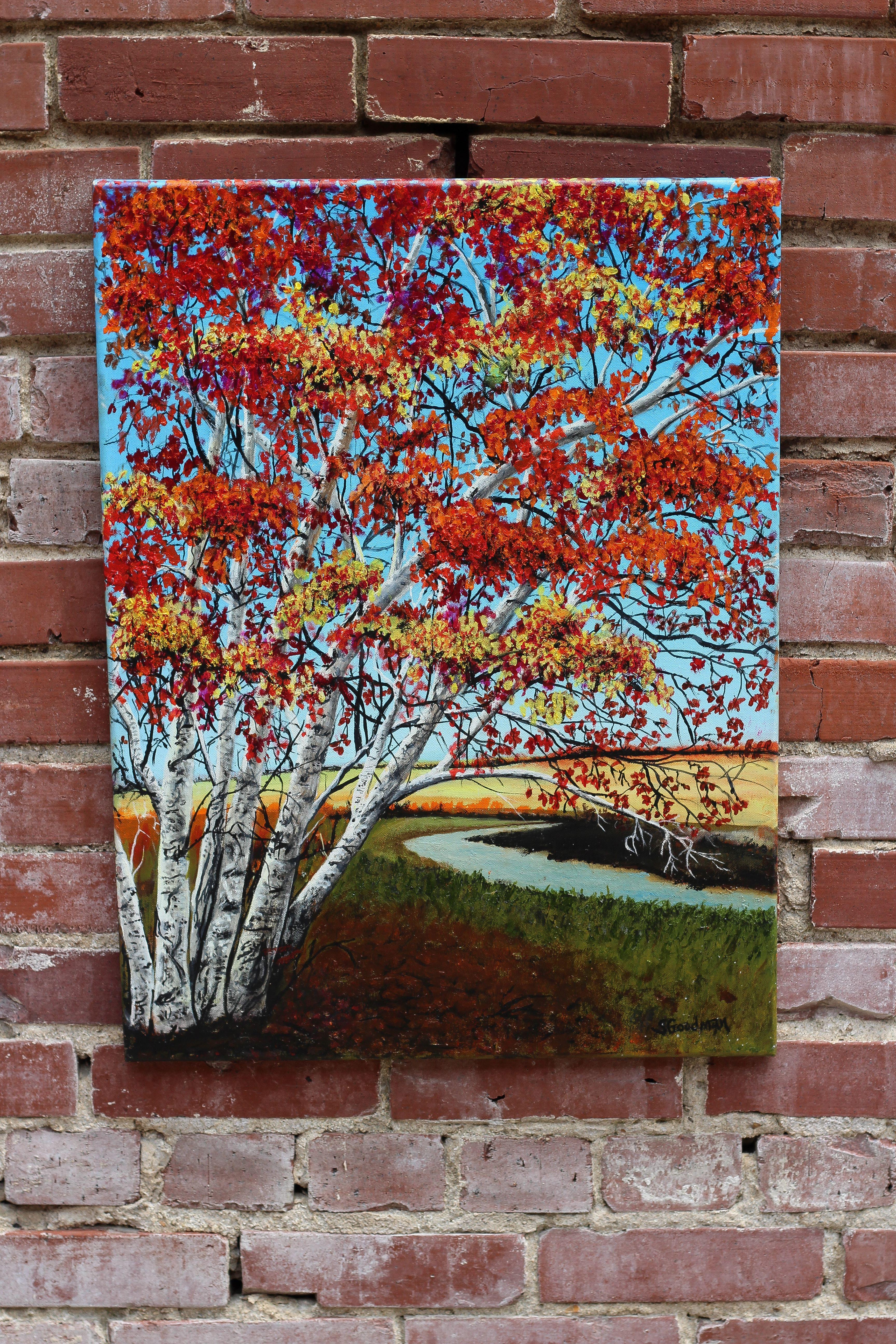 <p>Comentarios del artista<br />La artista Shela Goodman presenta un abedul junto a la carretera rebosante de colores otoñales. 