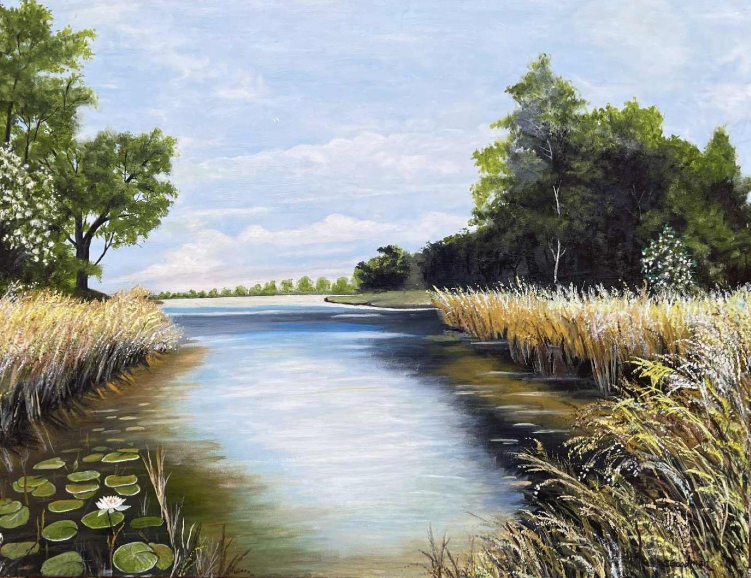 Lilypads on the River, Oil Painting - Art by Shela Goodman