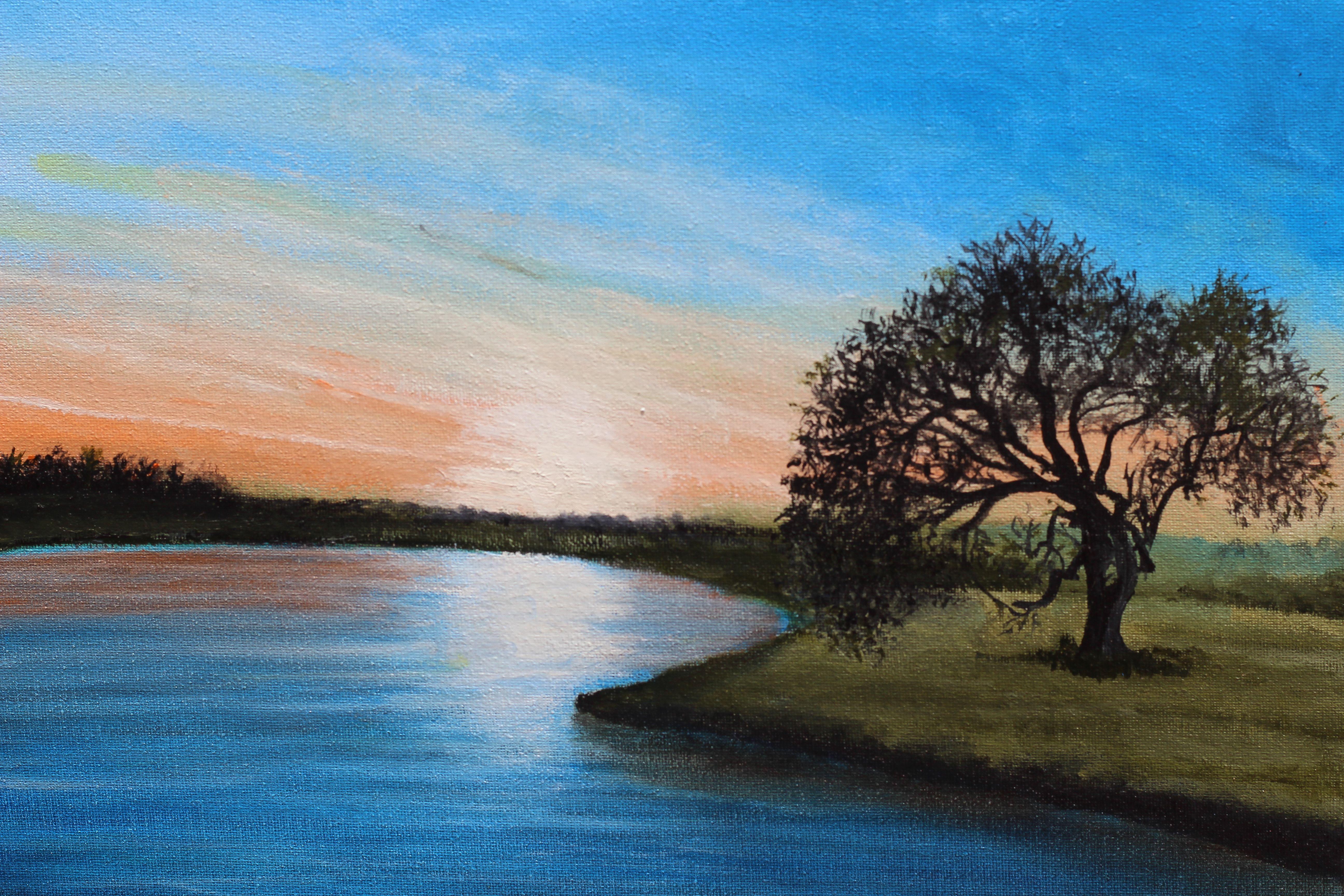 Baum am Fluss bei Sonnenaufgang, Ölgemälde – Art von Shela Goodman