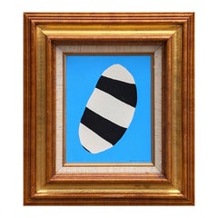 Contemporary Abstract Black and White Shape on Light Blue Field Painting